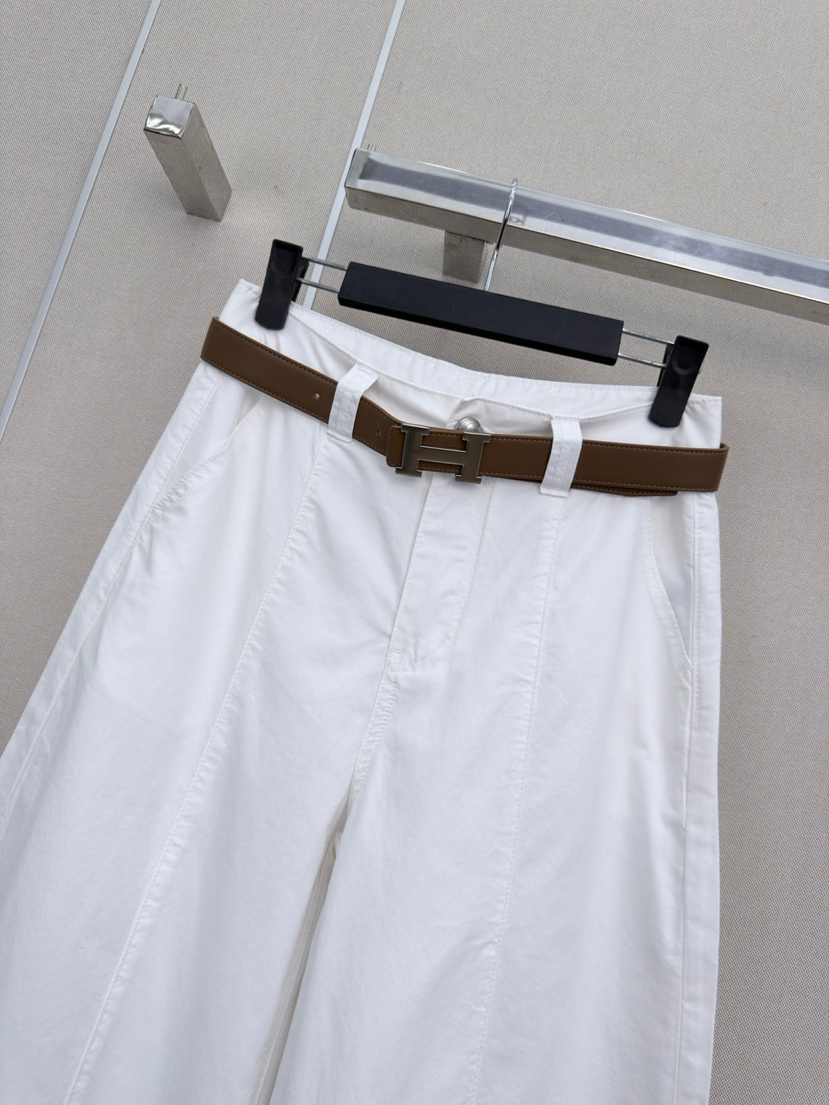 HM Wide-Leg Trousers With A Custom Leather Belt White Cotton 379623