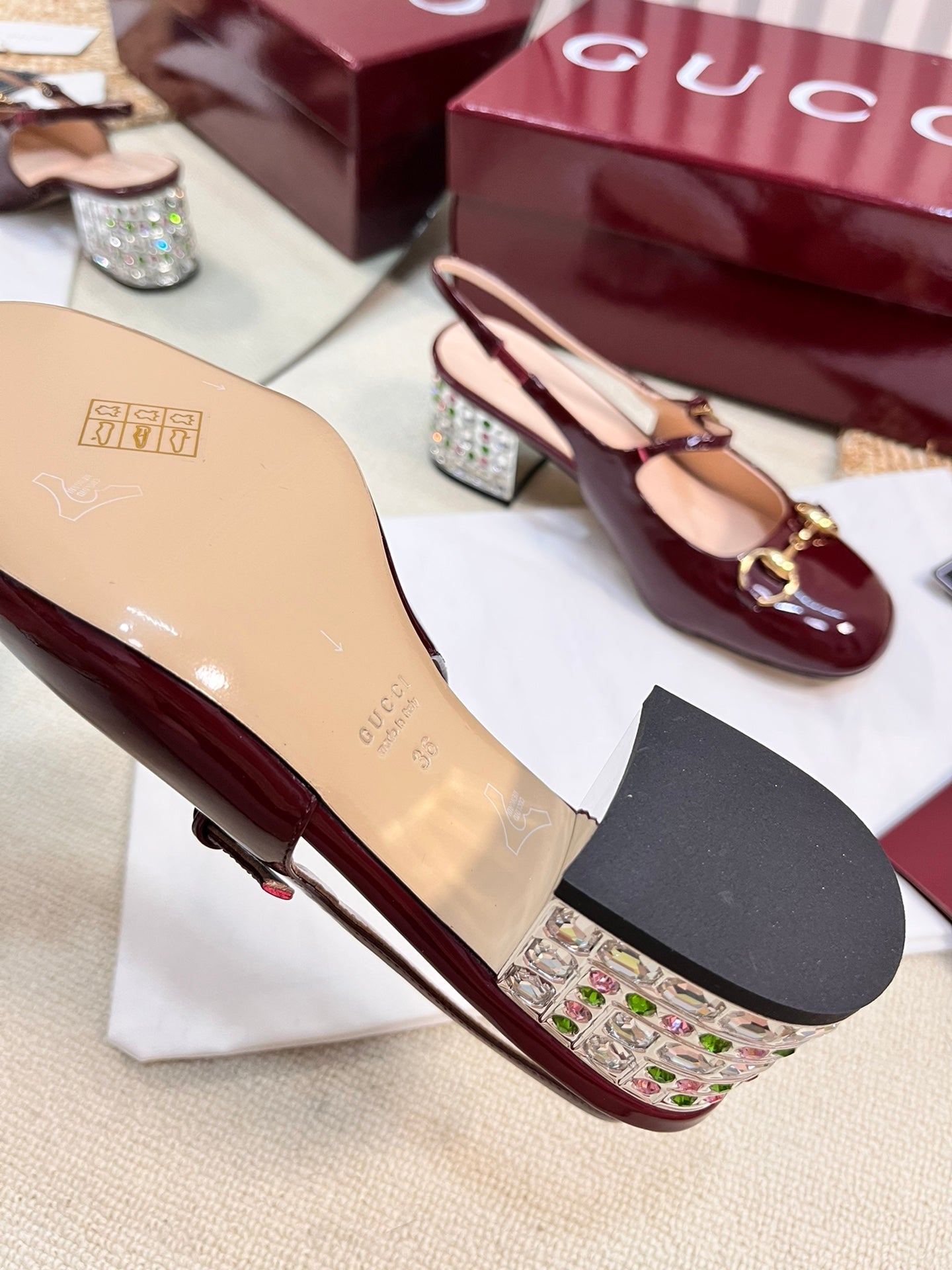 GC Horsebit Slingback with Crystal 60mm Rosso Ancora red Patent Leather 294600