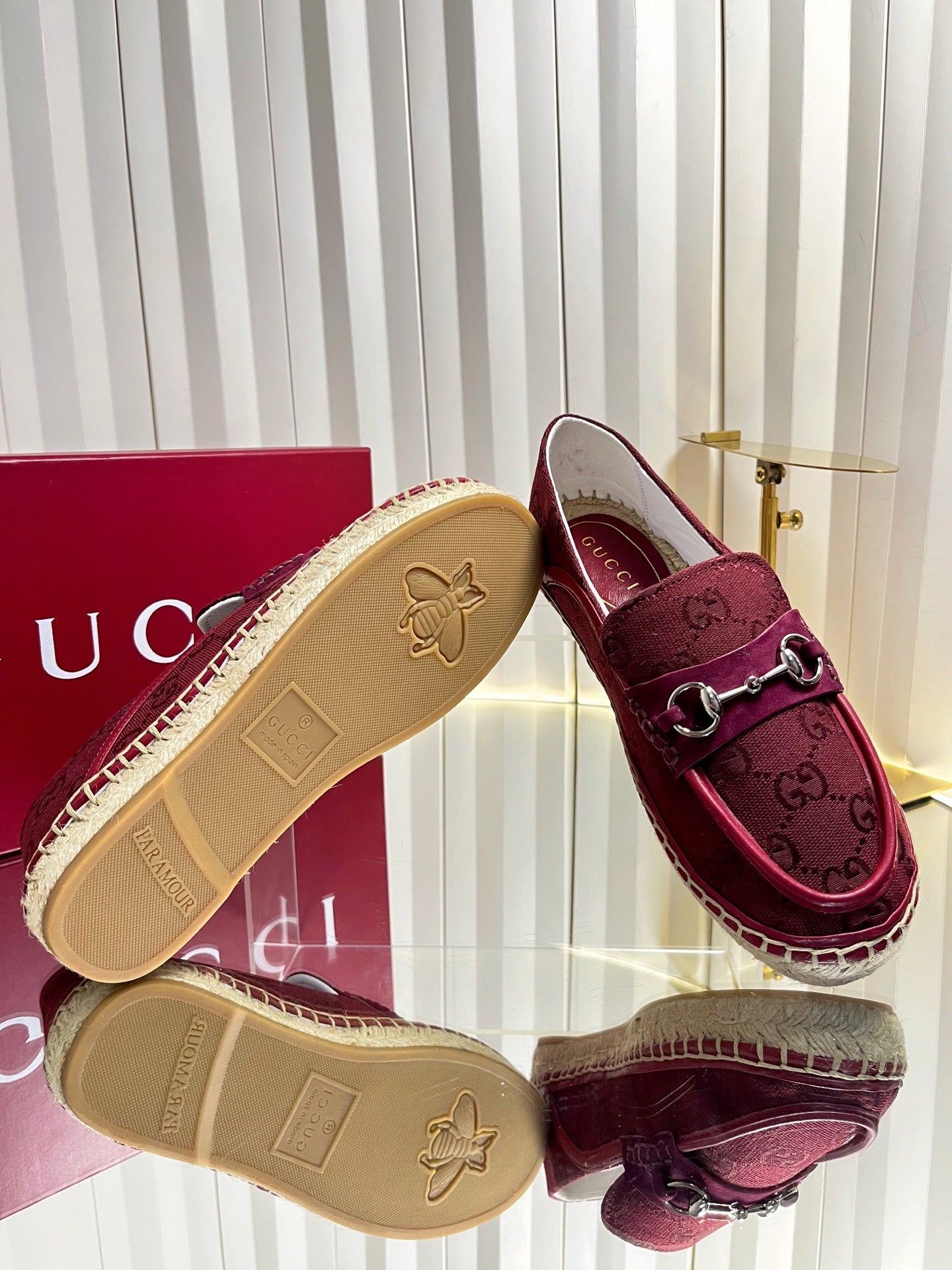 GG 26s Horsebit Espadrilles Flat Burgundy Canvas Suede 768177