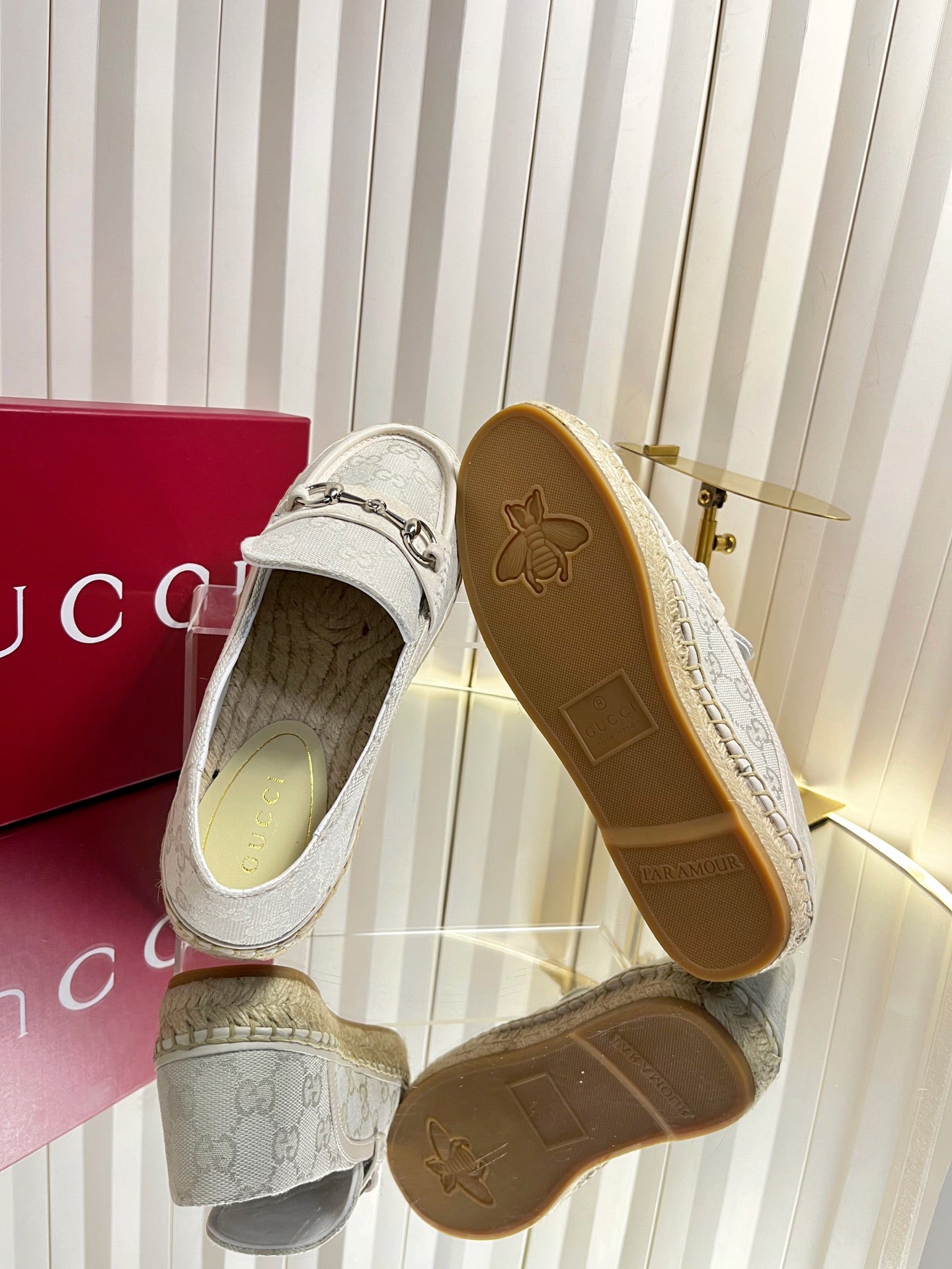 GG 26s Horsebit Espadrilles Flat Light Grey Canvas Suede 768178