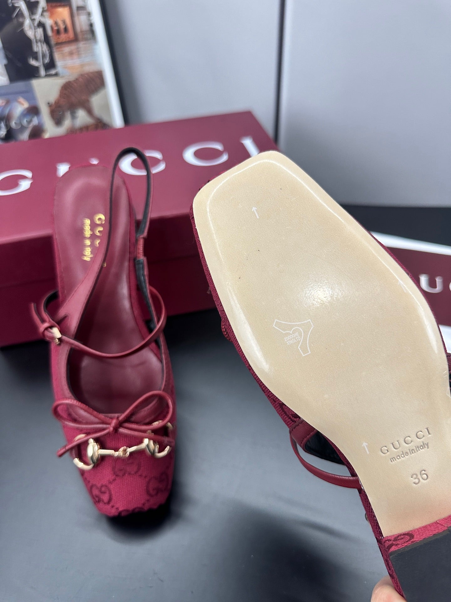 GG 26s Horsebit Slingback 2.5cm Burgundy Canvas 688316