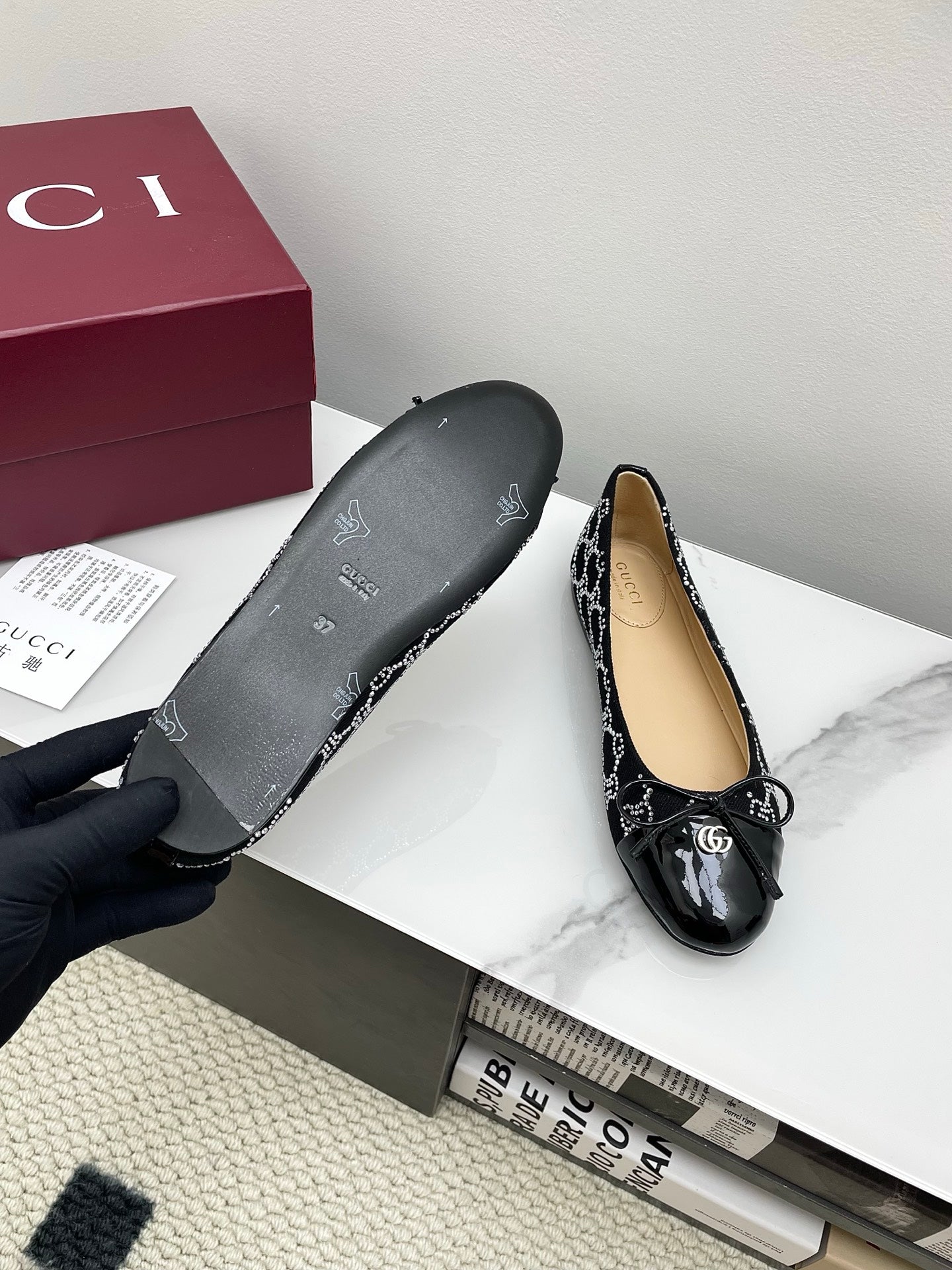 GG Women's Crystal Ballet Flat Black Denim Patent Leather Trim 511492