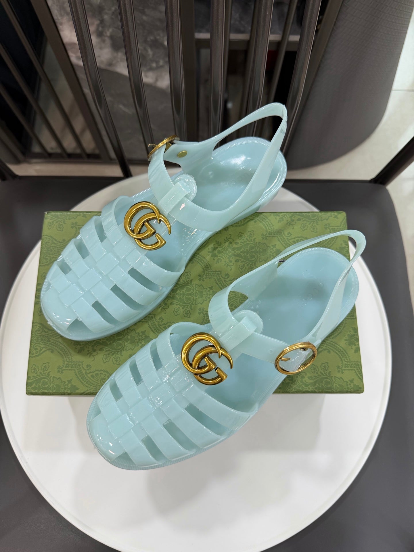 GG Sandals with Double G Light Blue Gold TPU 818211