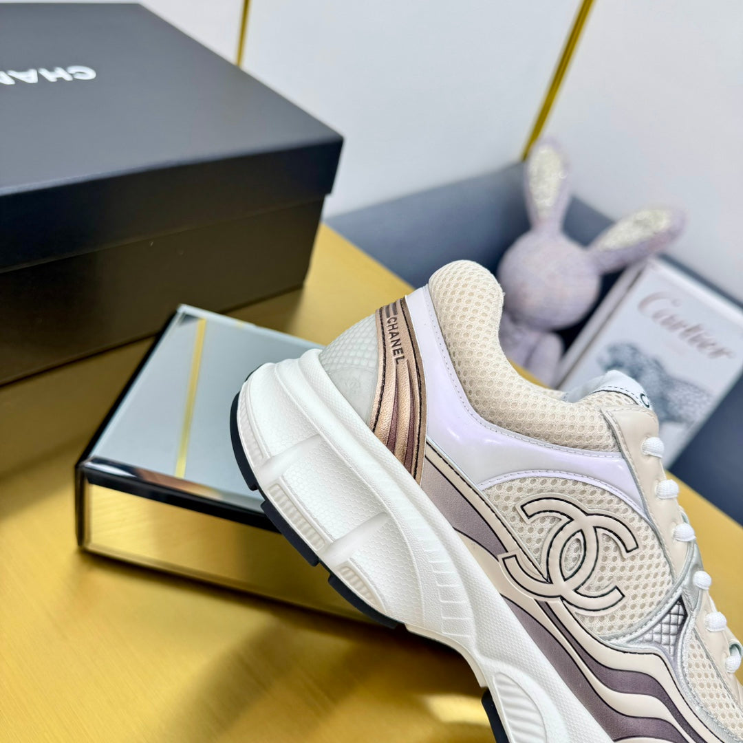 CC Logo Sneakers White Cream Calfskin Mesh Fabric 927340