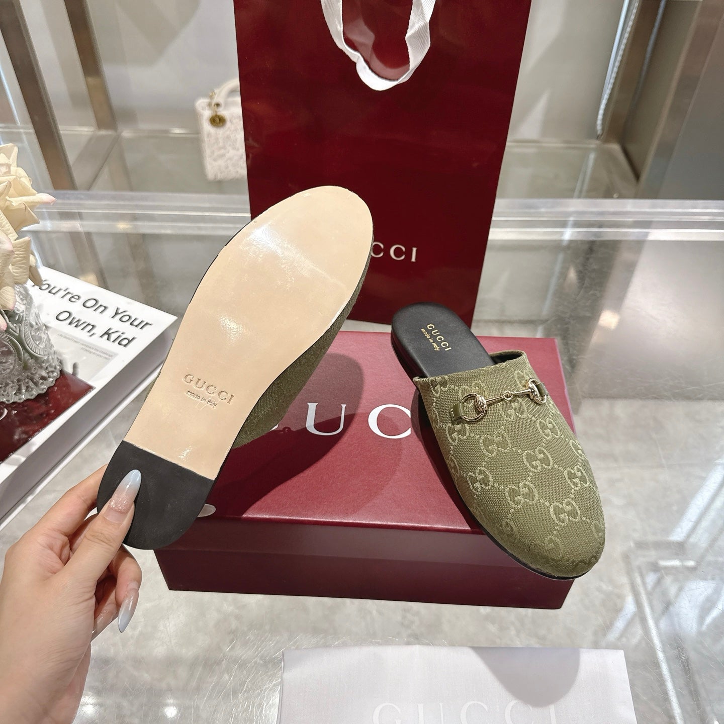 GG 26s Mule With Horsebit Olive Green Canvas 664806