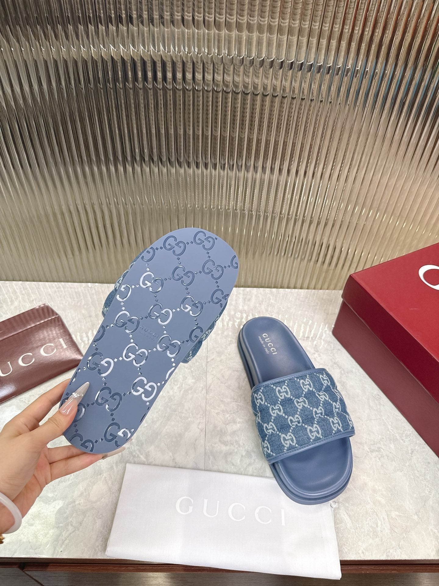 GG Slide Sandal Blue Canvas Rubber 788184