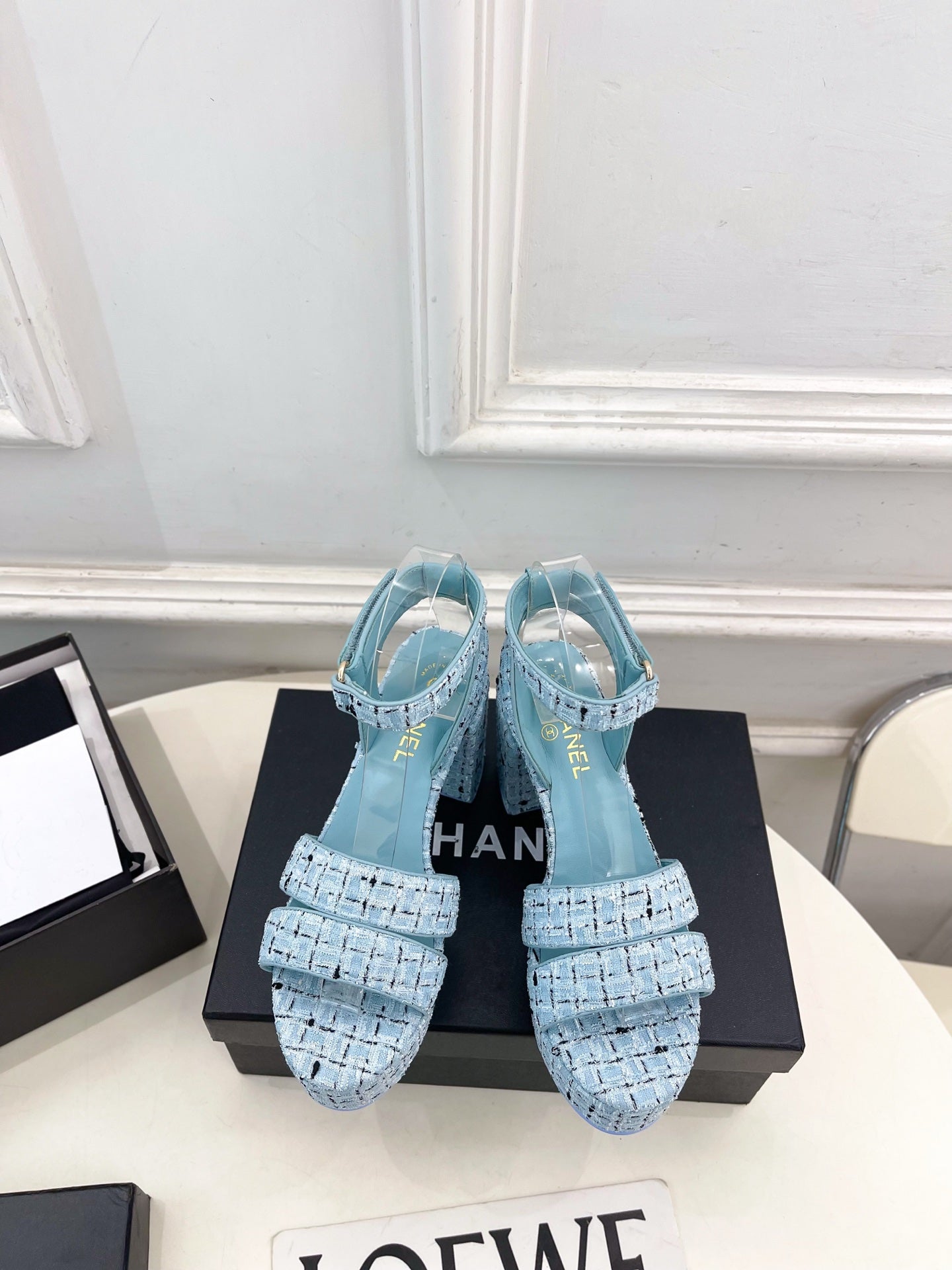 CC 26s HighHeeled Platform Sandals 85 Light Blue Tweed 631865