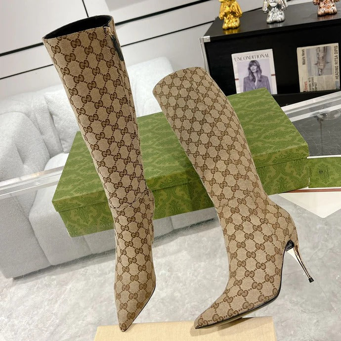 GG 2026 High-Heeled Boot Beige Canvas Leather 953419