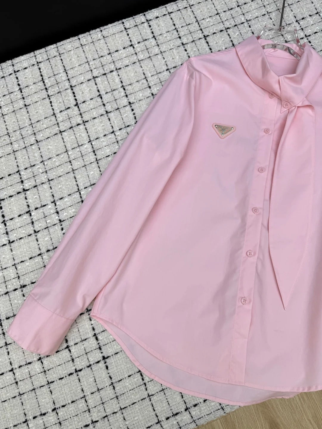 Prada 2026 Triangle Logo Tie-up Top White and Pink Cotton 132431