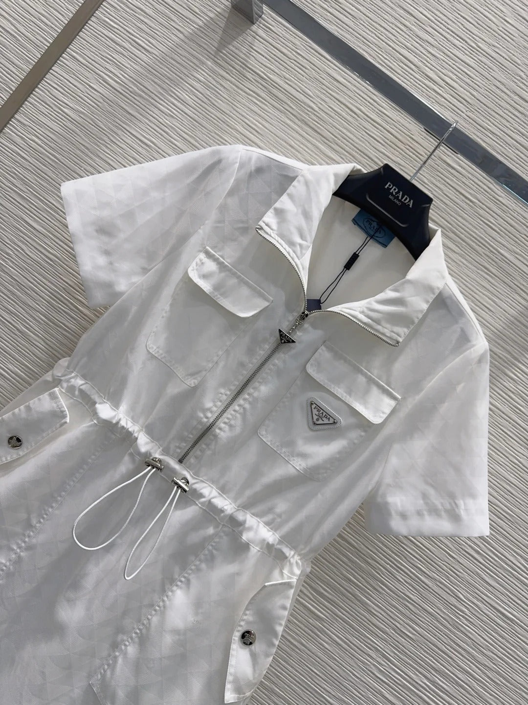 Prada 2026 Zippered Collar Shirt Dress White and Black Nylon 133135