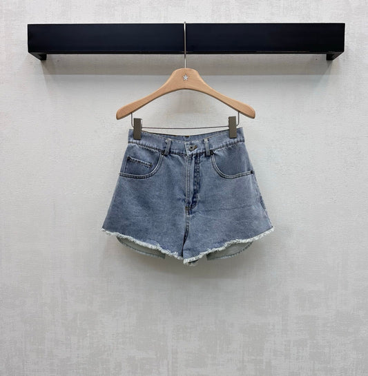 Loewe 26 Embroidered Frayed Edge Shorts Blue in YB Twill Cotton Denim 375346