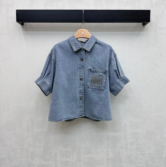 Loewe 26 Embroidered Short-Sleeve Shirt Blue in YB Twill Cotton Denim 375338