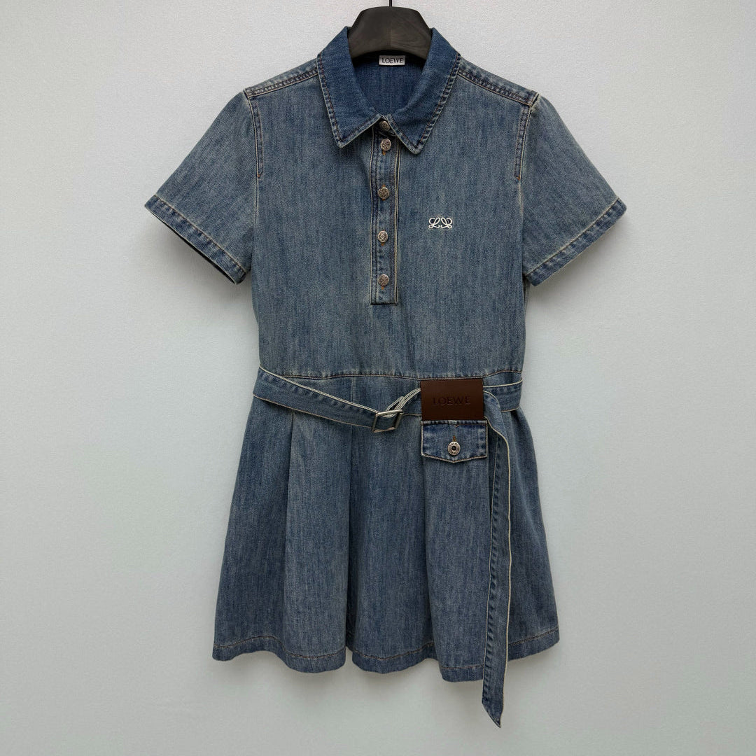 Loewe 26 Collared Short-Sleeve Denim Shirt Dress Blue in Cotton 373781