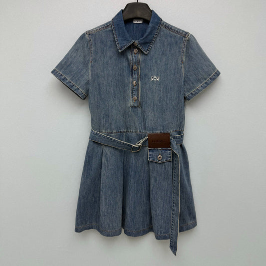 Loewe 26 Collared Short-Sleeve Denim Shirt Dress Blue in Cotton 373781