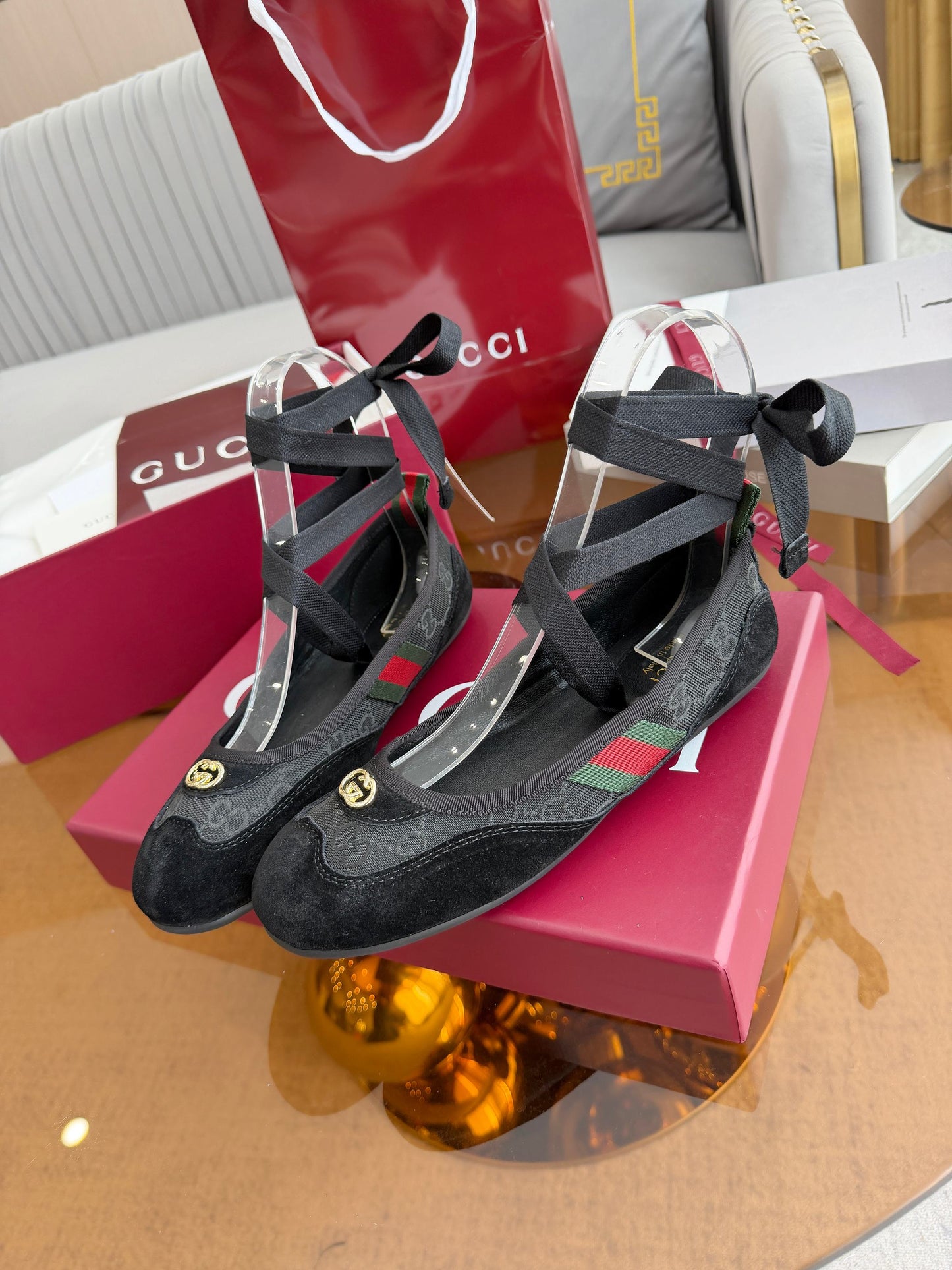 GG Dance Shoes Black in Nubuck Suede with Classic GG Fabric 788165