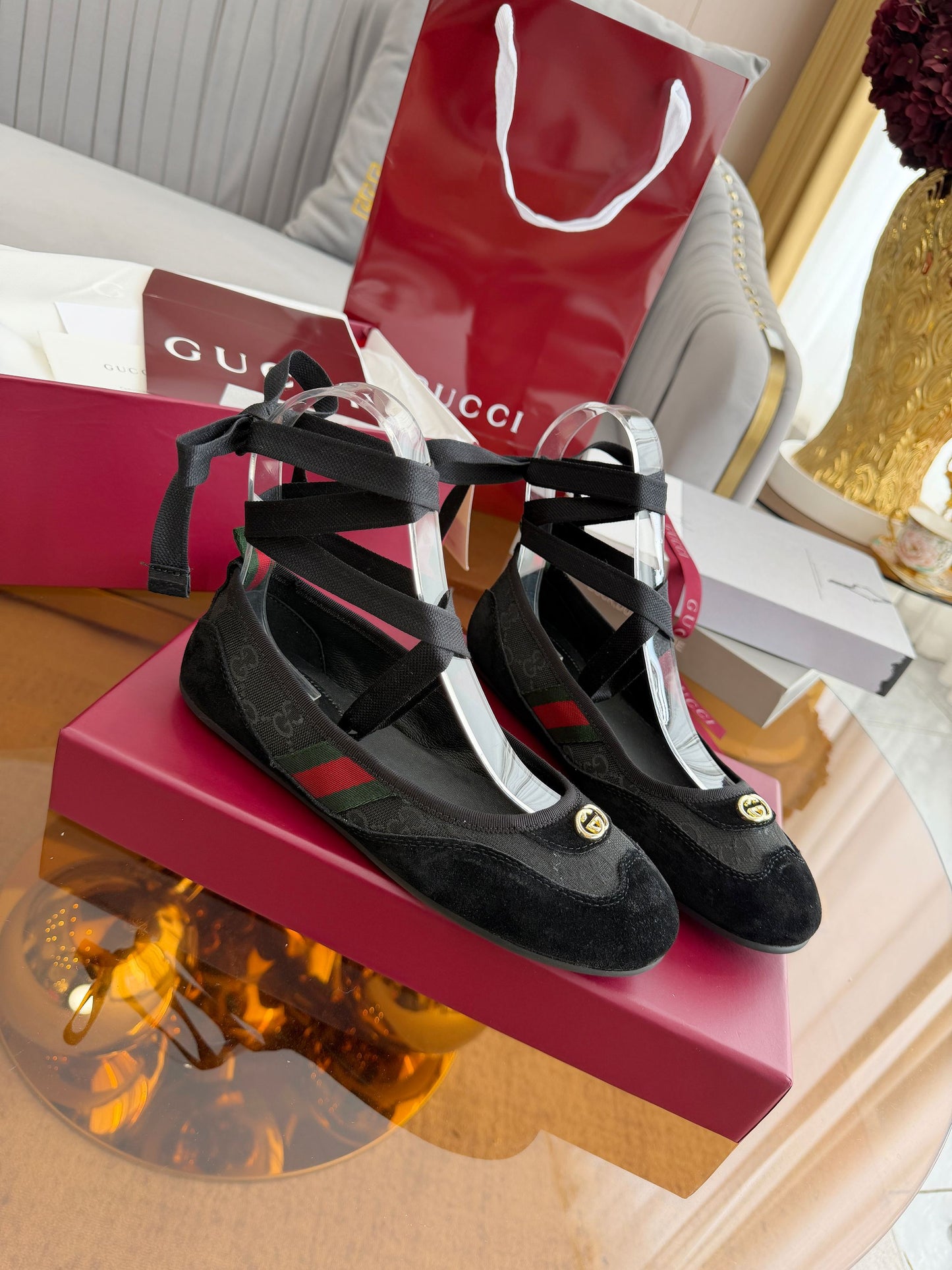 GG Dance Shoes Black in Nubuck Suede with Classic GG Fabric 788165