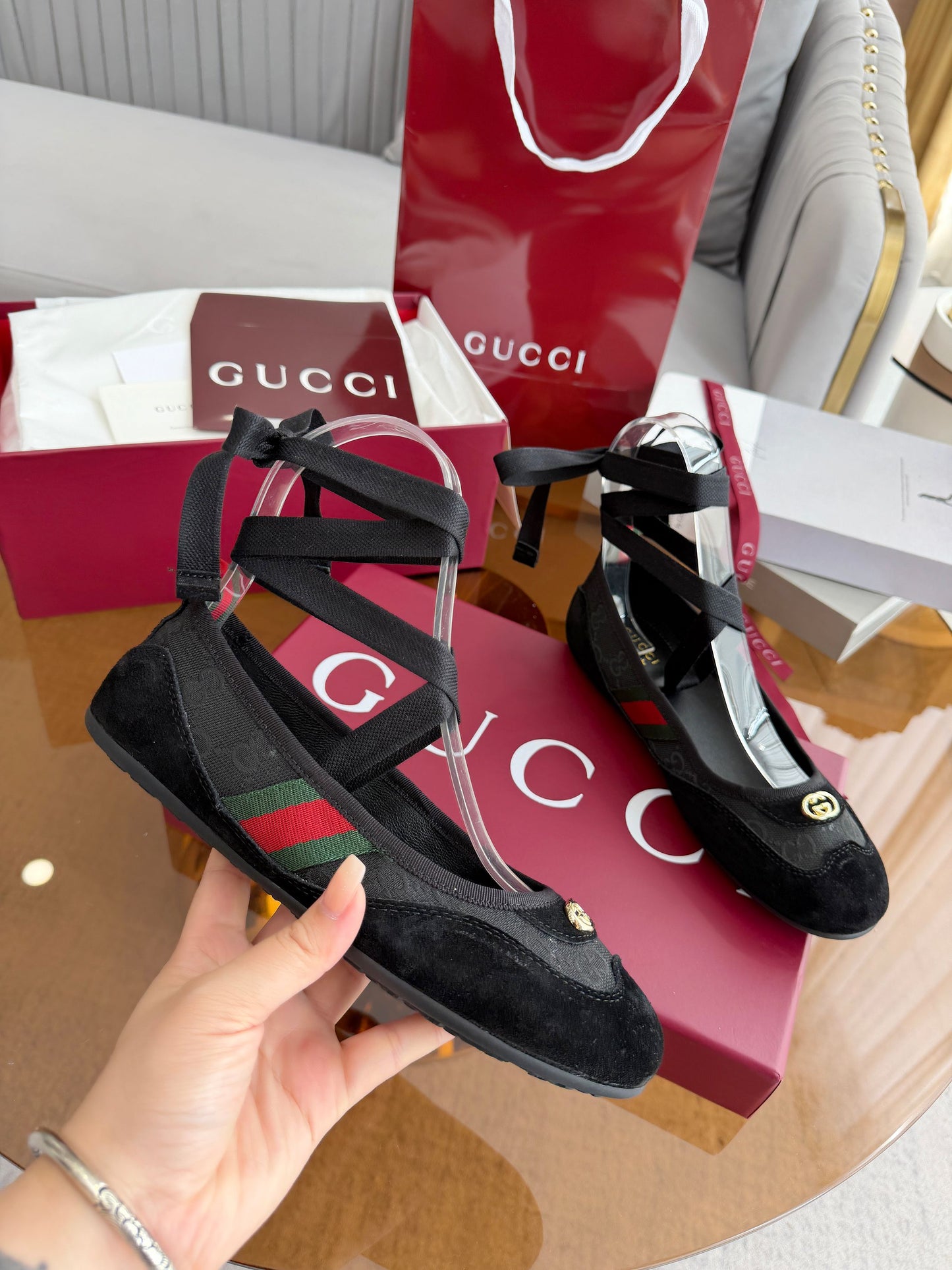 GG Dance Shoes Black in Nubuck Suede with Classic GG Fabric 788165