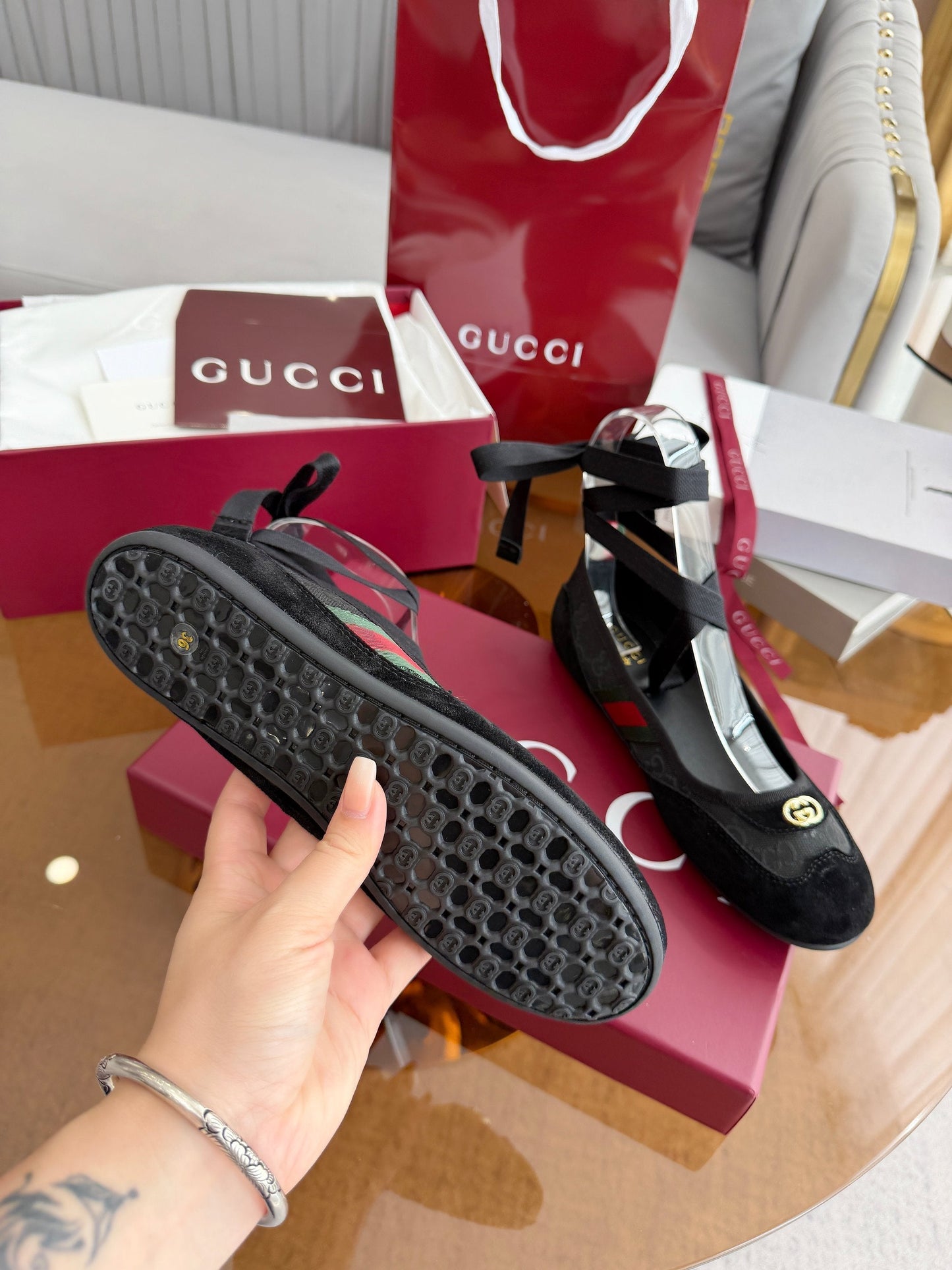 GG Dance Shoes Black in Nubuck Suede with Classic GG Fabric 788165