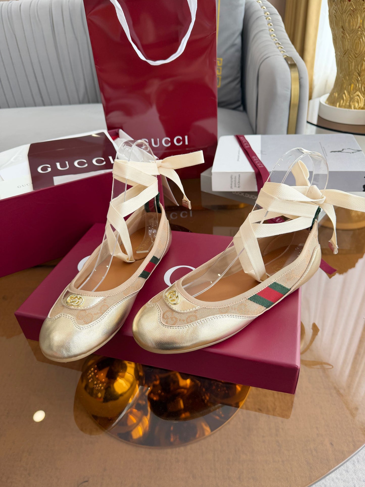 GG Dance Shoes Gold in Nubuck Suede with Classic GG Fabric 788166