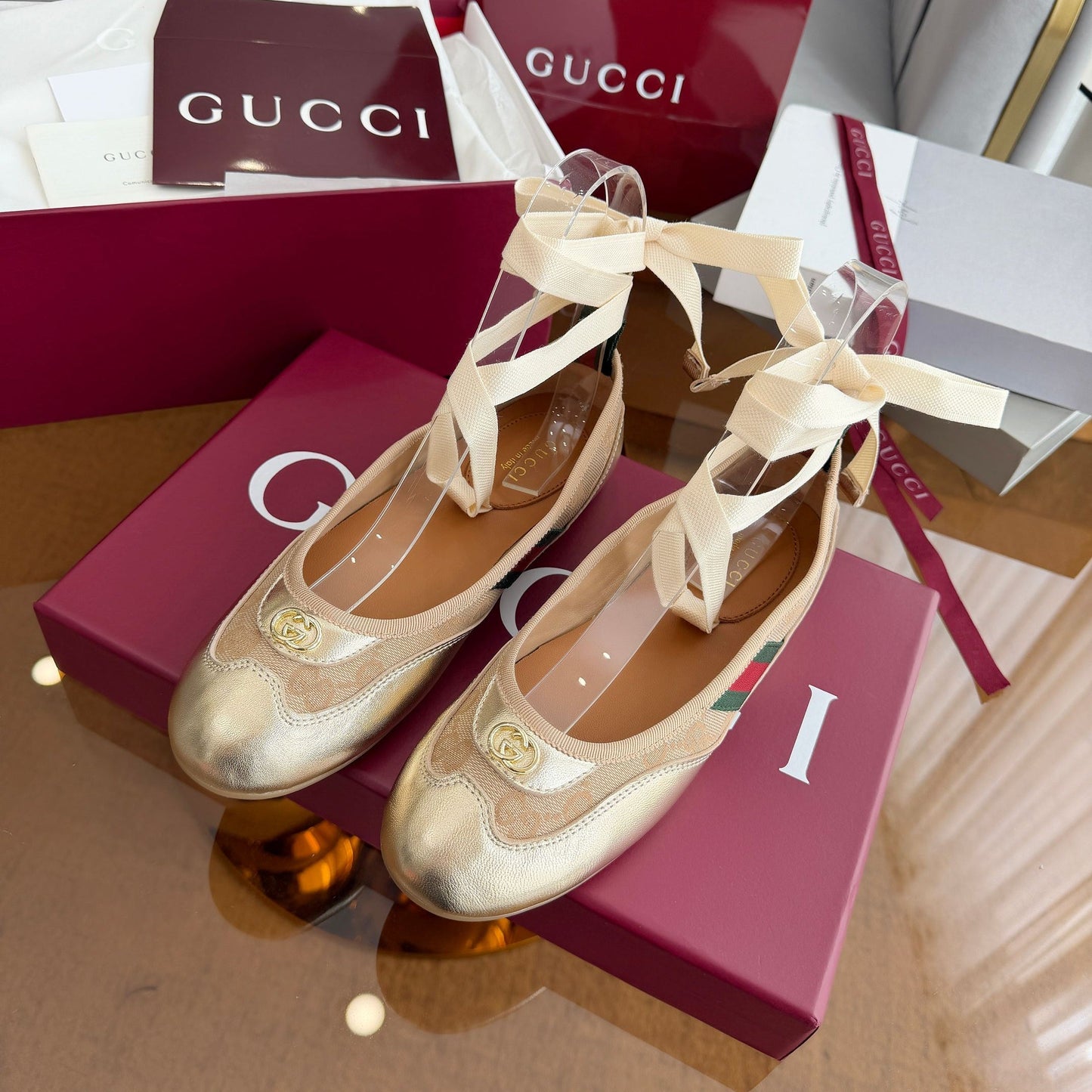 GG Dance Shoes Gold in Nubuck Suede with Classic GG Fabric 788166