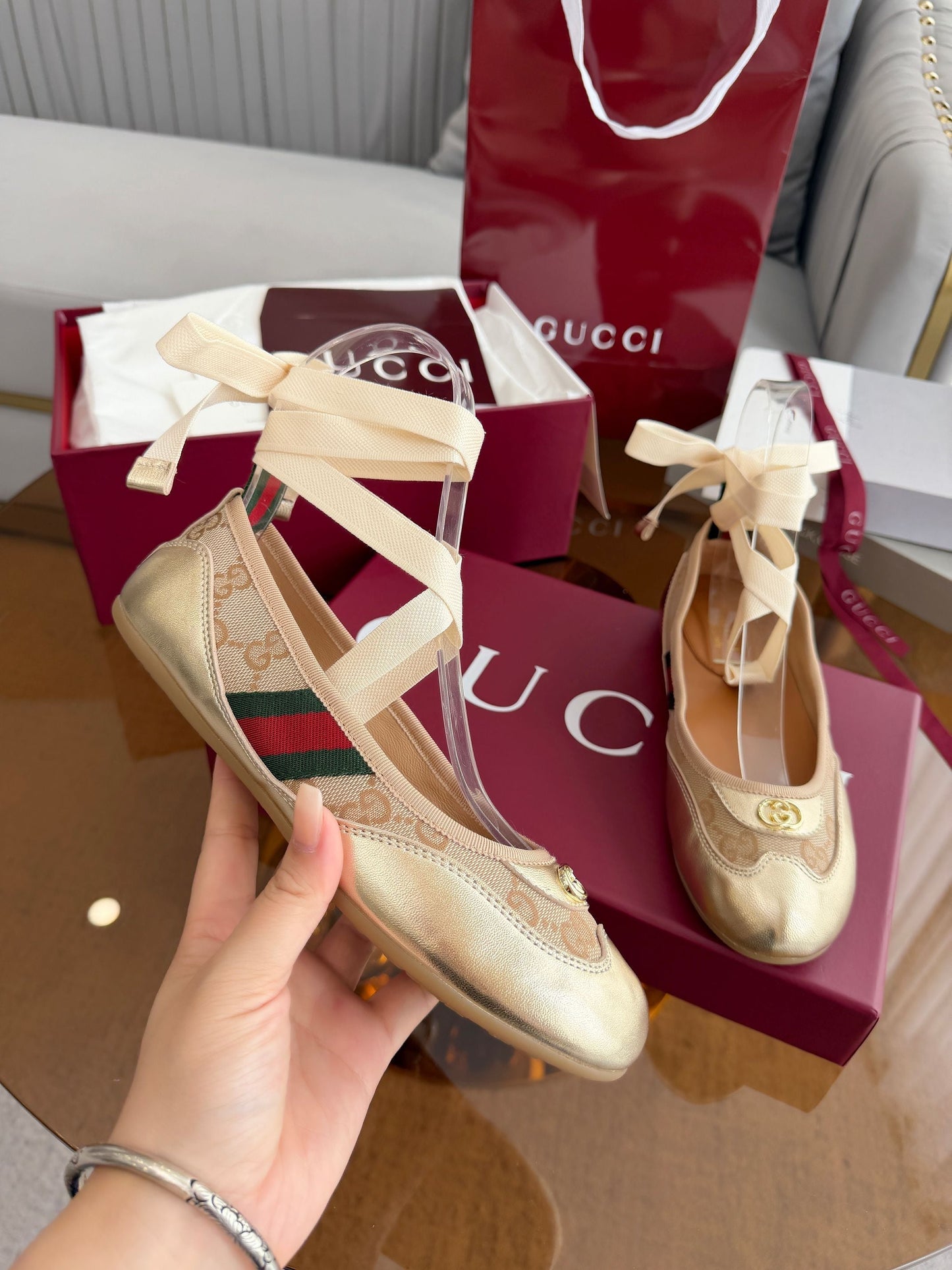 GG Dance Shoes Gold in Nubuck Suede with Classic GG Fabric 788166