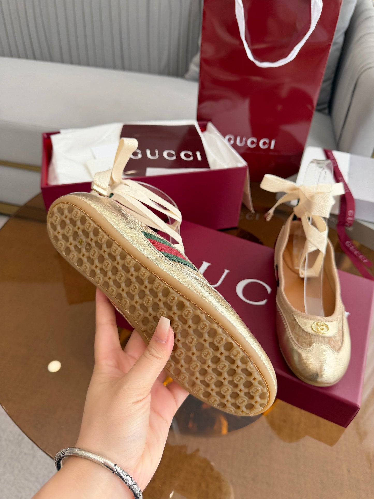 GG Dance Shoes Gold in Nubuck Suede with Classic GG Fabric 788166