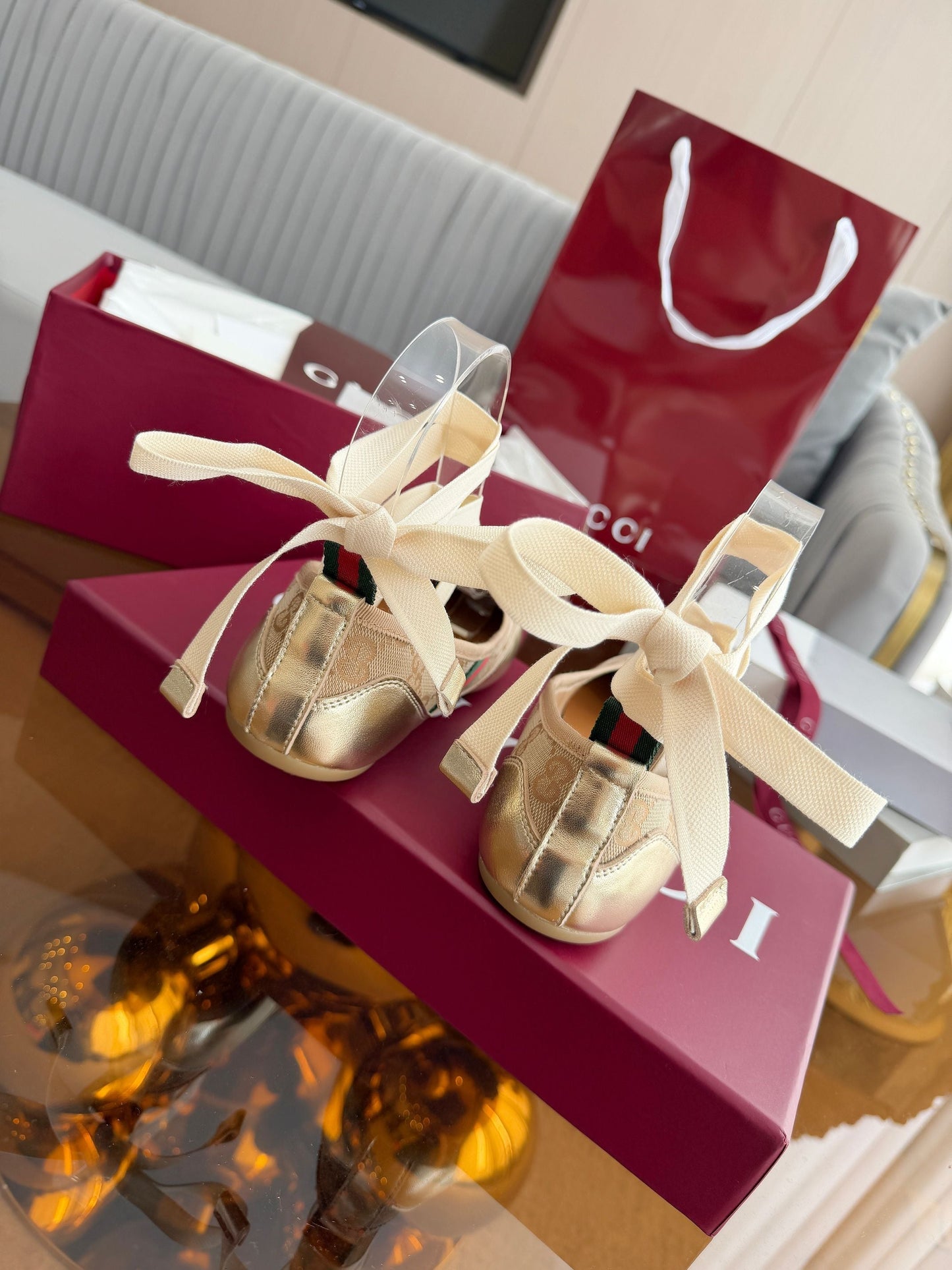 GG Dance Shoes Gold in Nubuck Suede with Classic GG Fabric 788166