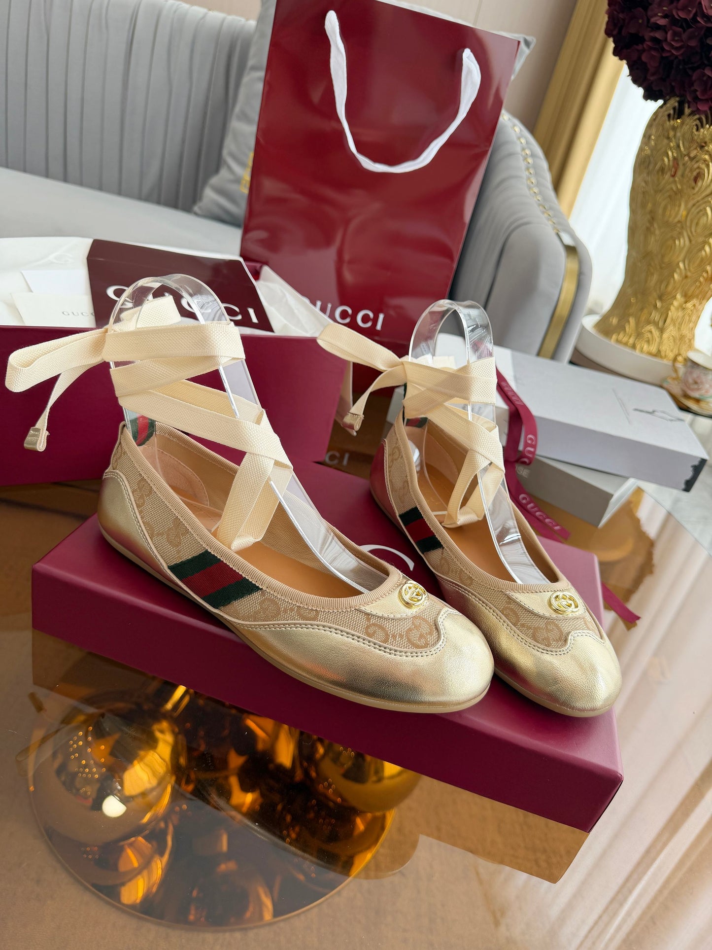 GG Dance Shoes Gold in Nubuck Suede with Classic GG Fabric 788166