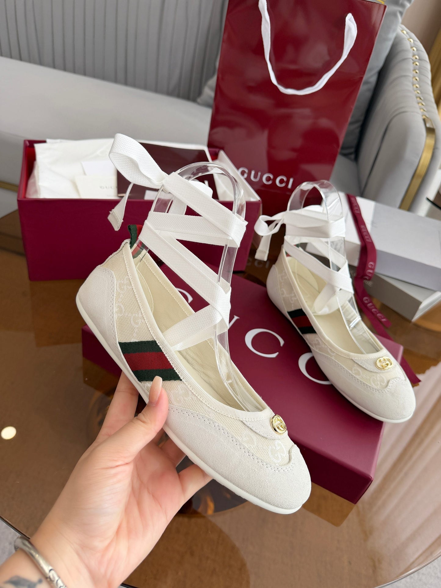 GG Dance Shoes White in Nubuck Suede with Classic GG Fabric 788167