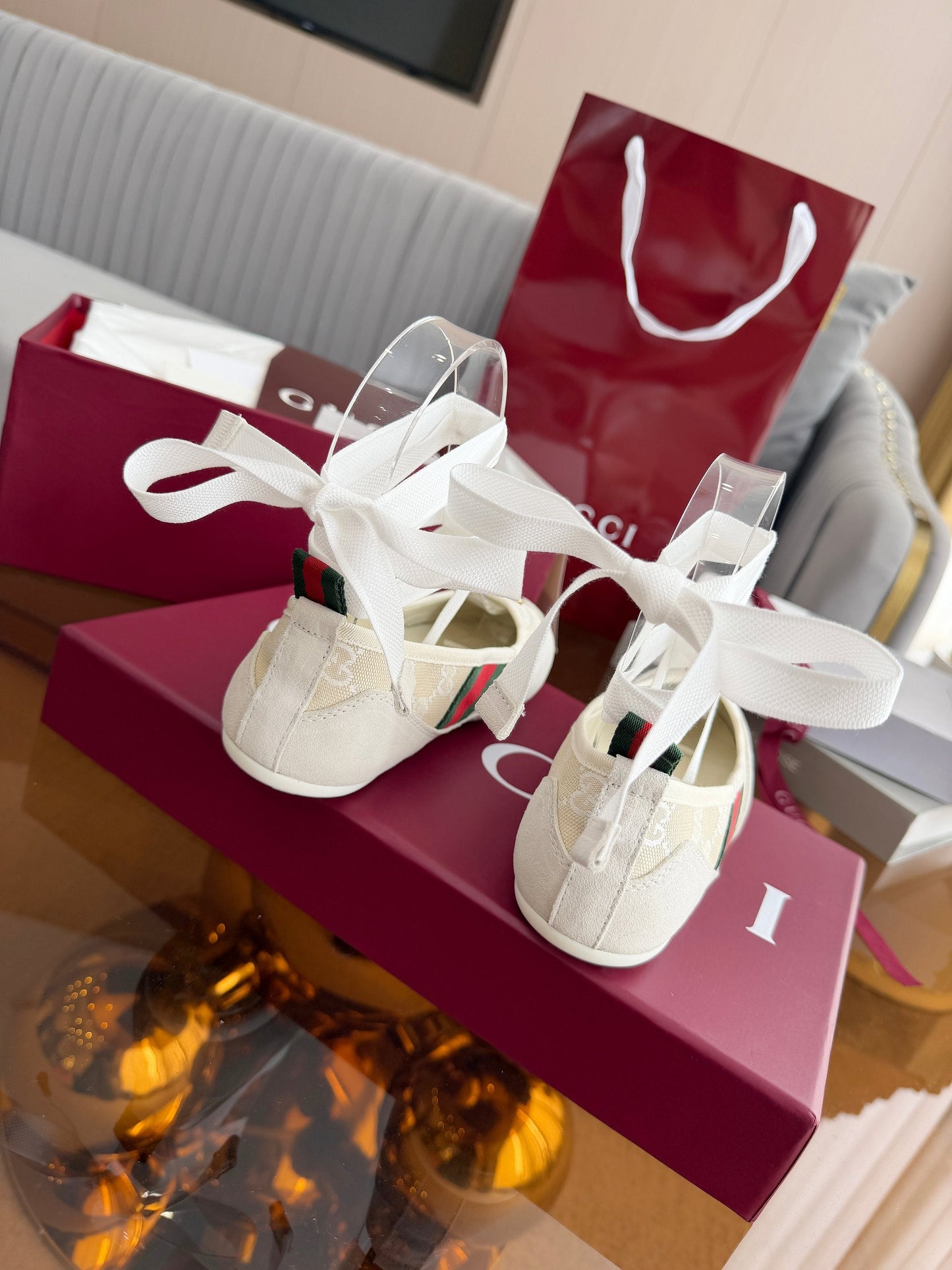 GG Dance Shoes White in Nubuck Suede with Classic GG Fabric 788167