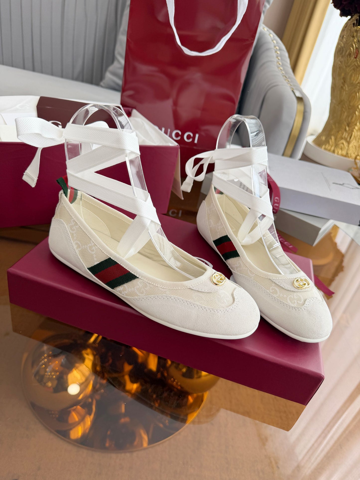 GG Dance Shoes White in Nubuck Suede with Classic GG Fabric 788167