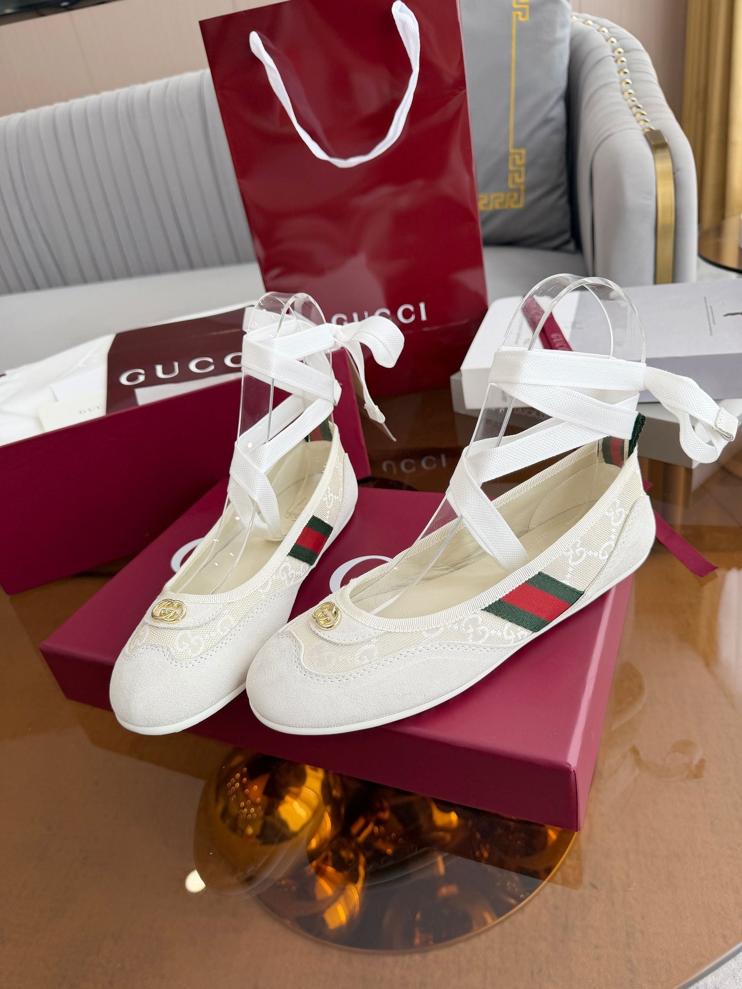 GG Dance Shoes White in Nubuck Suede with Classic GG Fabric 788167