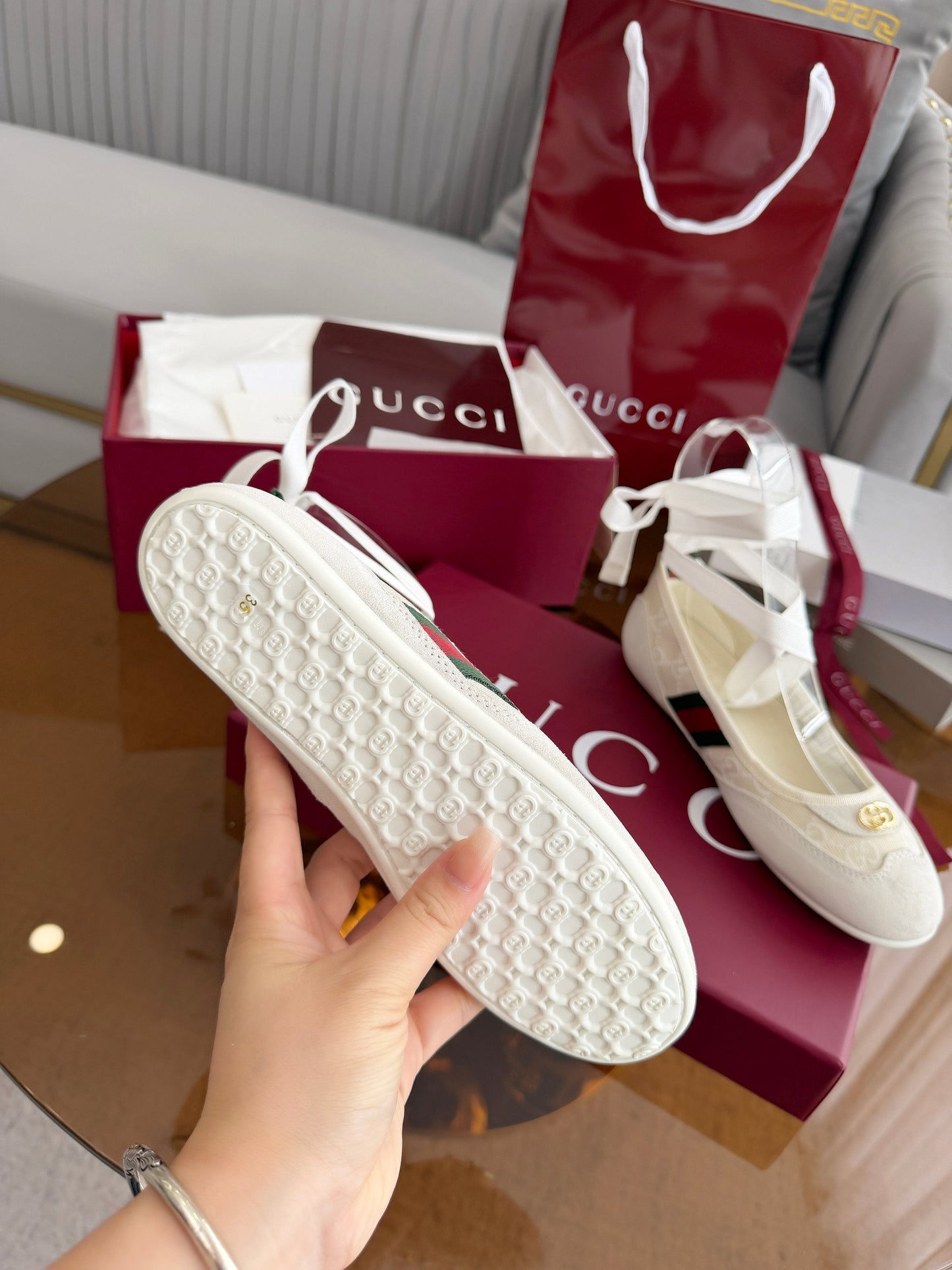 GG Dance Shoes White in Nubuck Suede with Classic GG Fabric 788167
