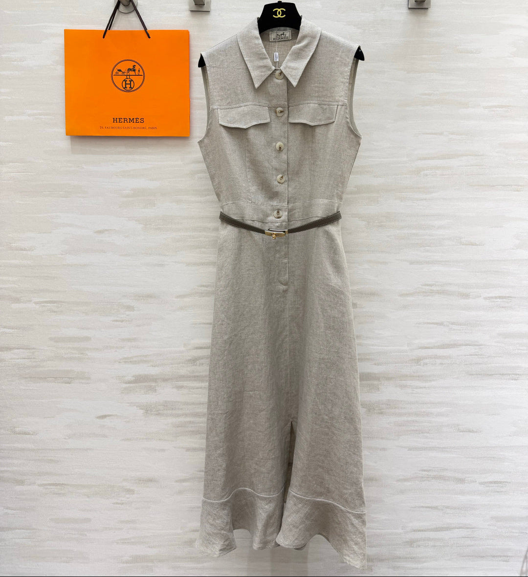 HM Belted Sleeveless Midi Shirtdress Beige Linen 639107