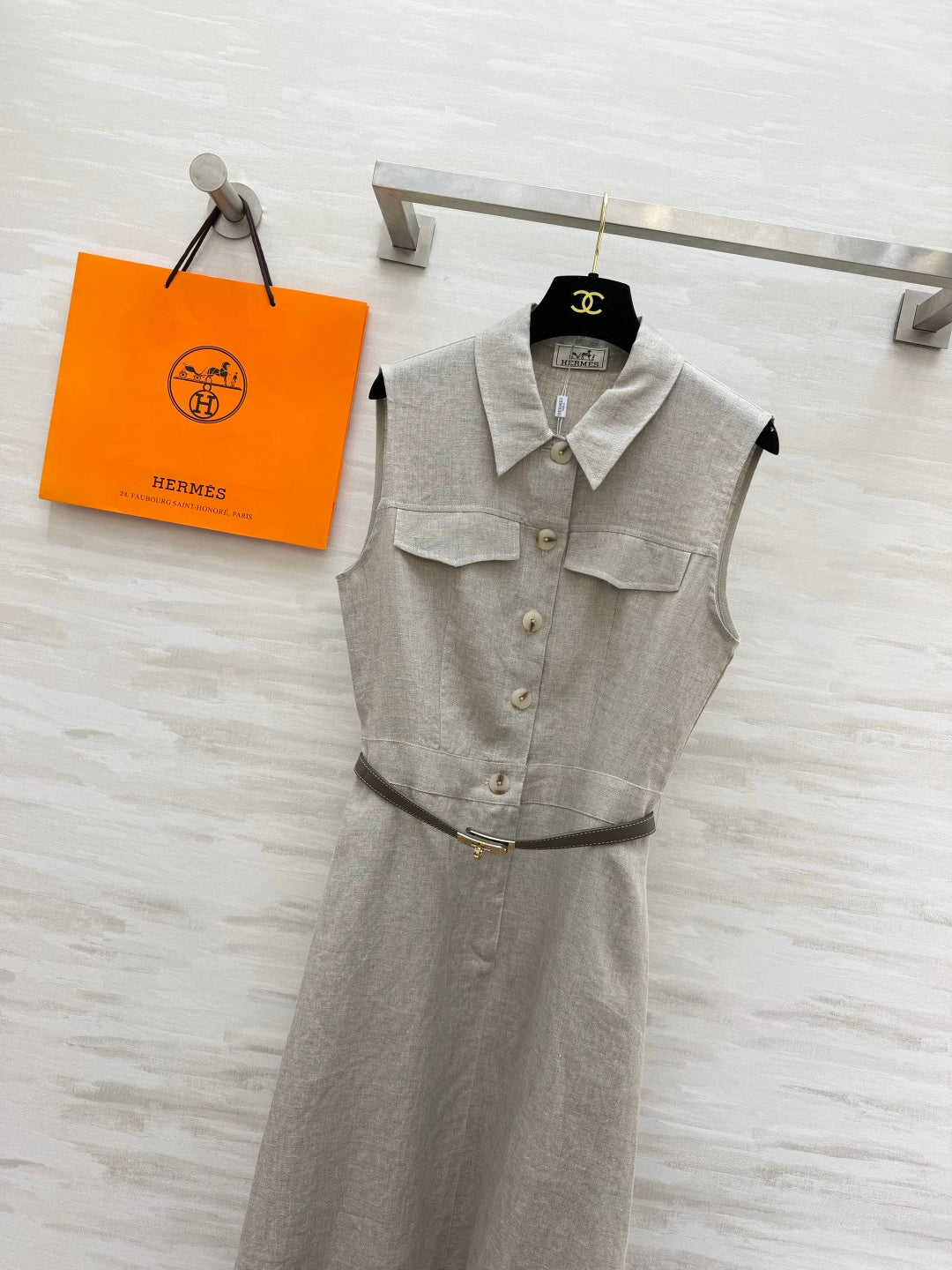 HM Belted Sleeveless Midi Shirtdress Beige Linen 639107