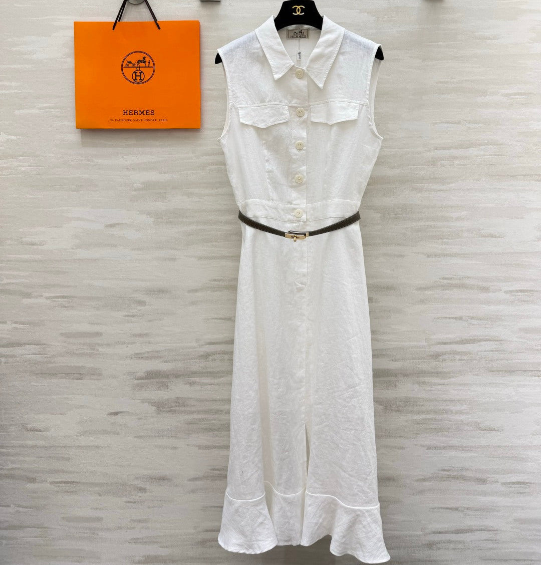 HM Belted Sleeveless Midi Shirtdress White Linen 639105
