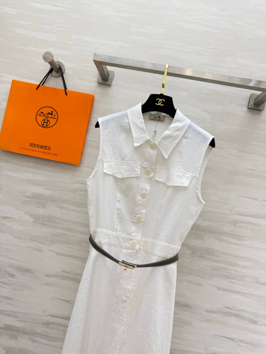 HM Belted Sleeveless Midi Shirtdress White Linen 639105