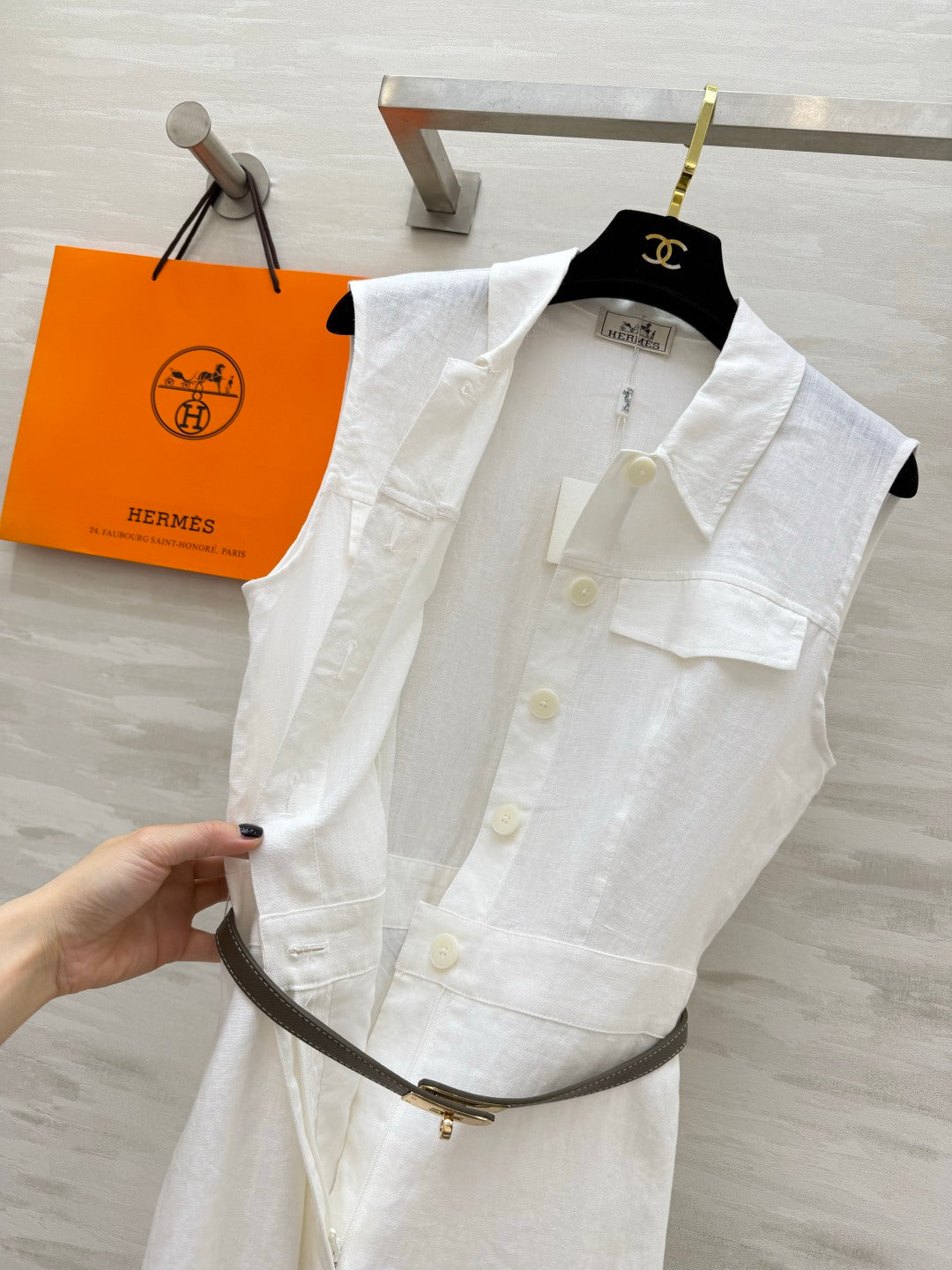 HM Belted Sleeveless Midi Shirtdress White Linen 639105