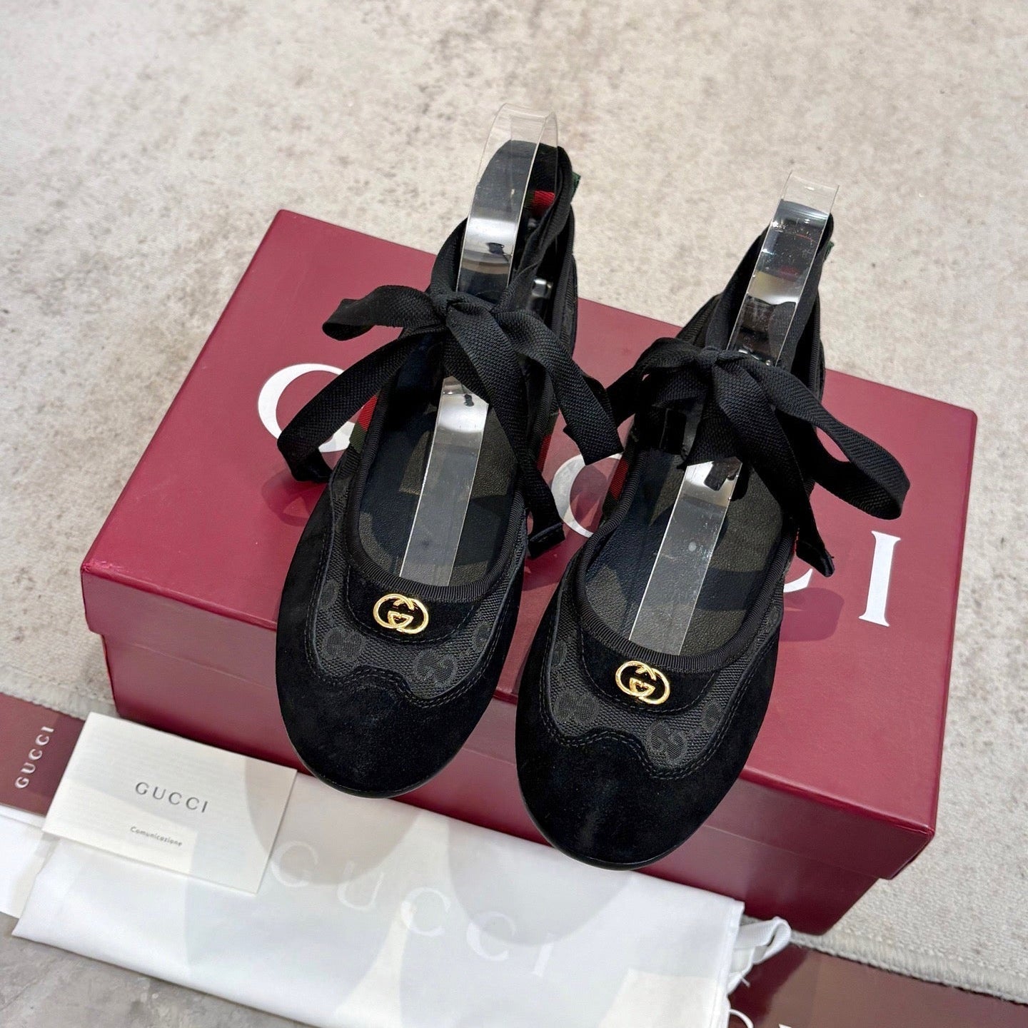 GG Lace-Up Ballet Flats Black Canvas Suede 929235
