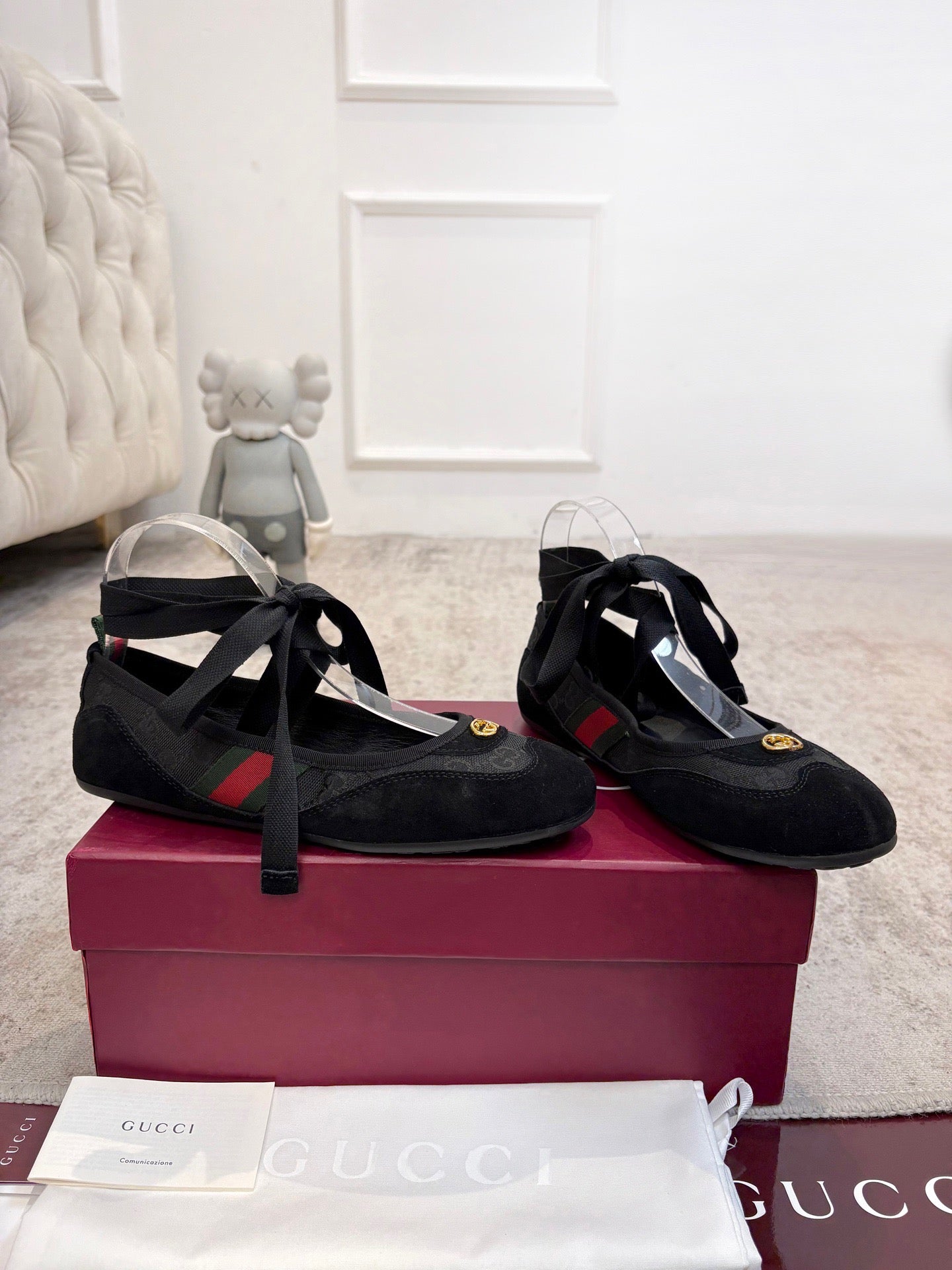 GG Lace-Up Ballet Flats Black Canvas Suede 929235