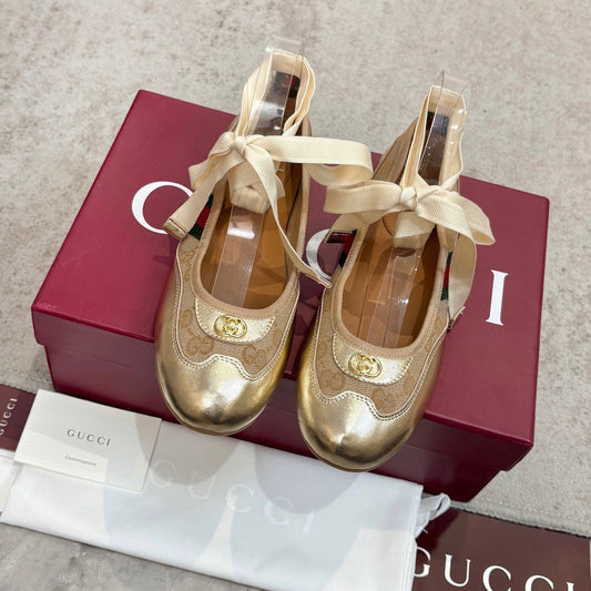 GG Shift Ballerina Flats Beige Jacquard Canvas & Gold Leather 929234