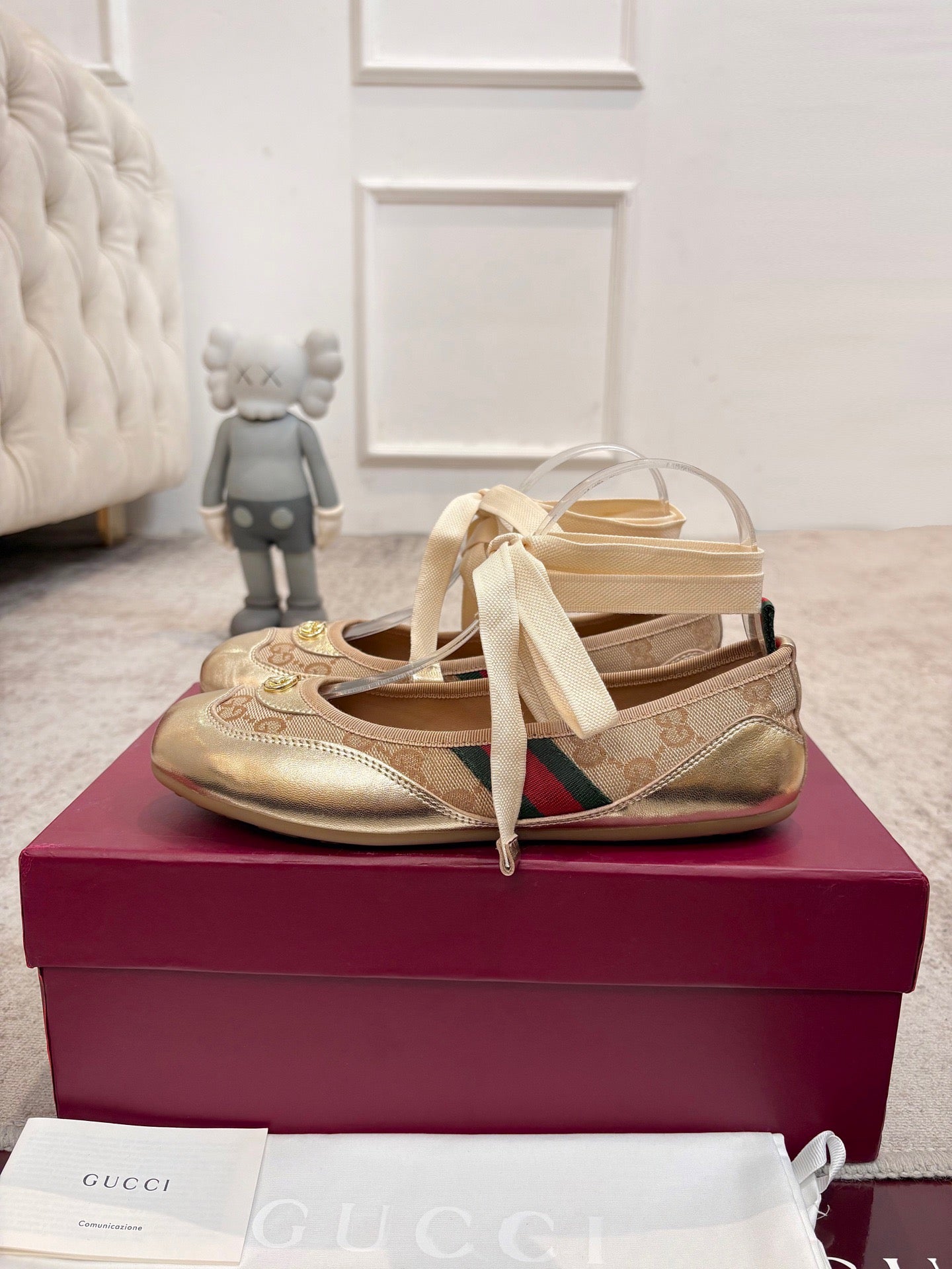 GG Shift Ballerina Flats Beige Jacquard Canvas & Gold Leather 929234