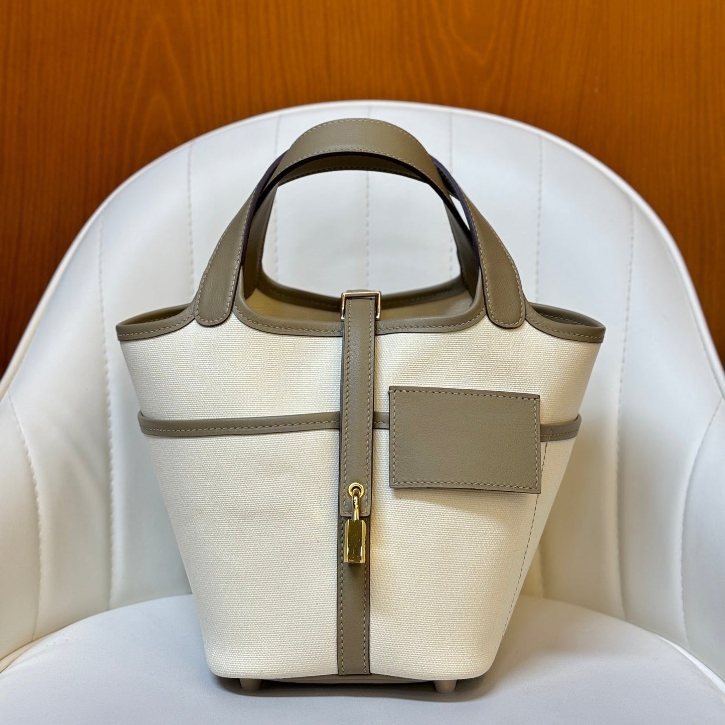 HM Picotin Lock 18CM Pocket Handbag Ivory Kakhi Swift Canvas