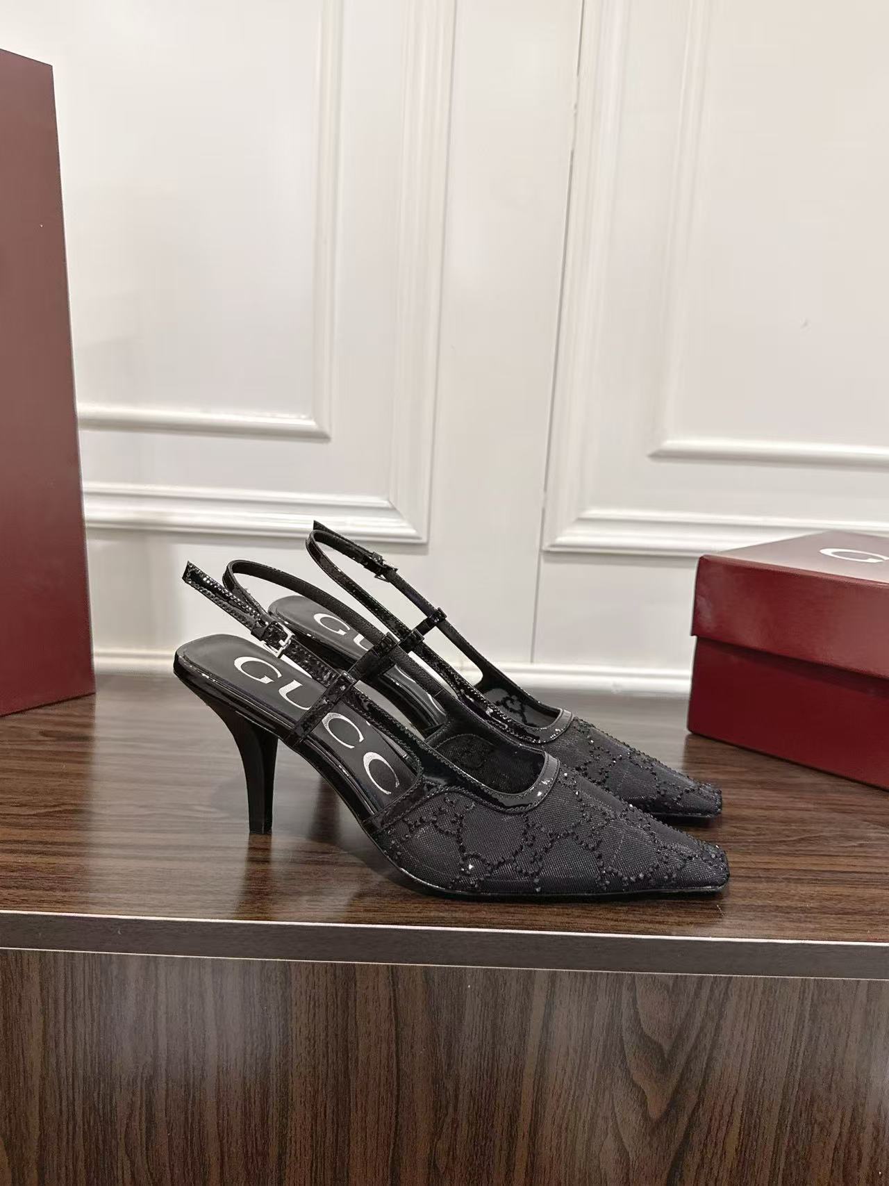 GG Demi Crystal-Embellished Slingback Pumps Black Mesh
