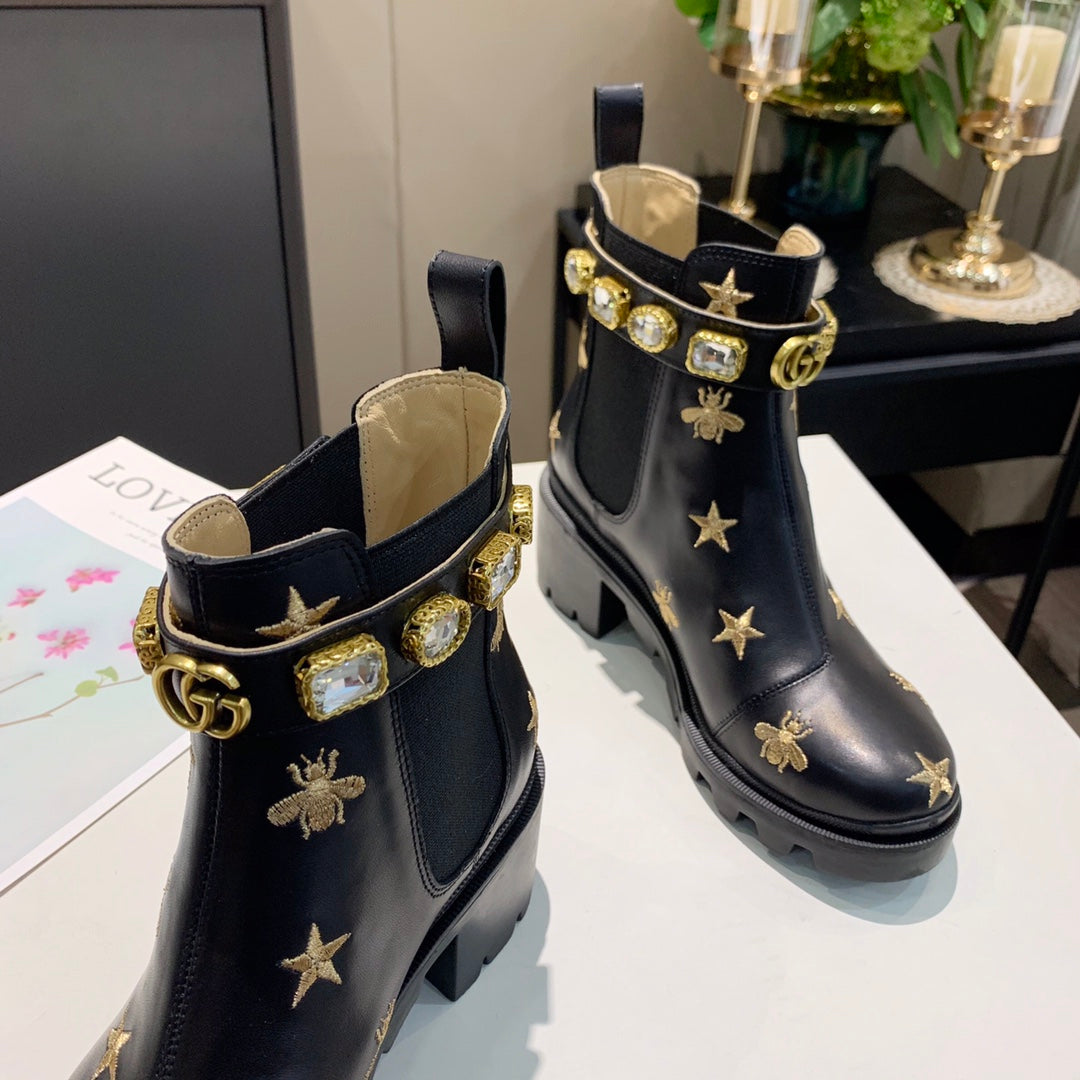GG ankle boots star and bee black sheepskin with belt clearance