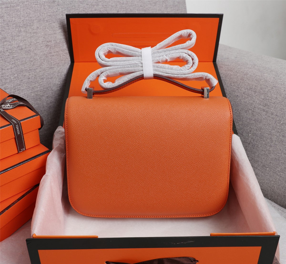 HM CONSTANCE BAGS 19 ORANGE EPSOM SILVER HARDWARE