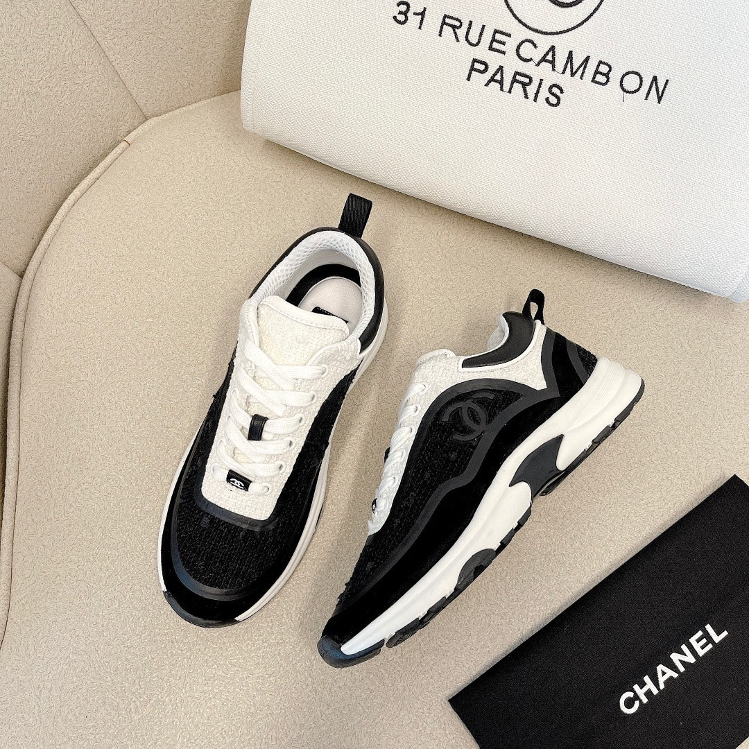 CC Low Top Sneakers Black & White Tweed Suede 527565