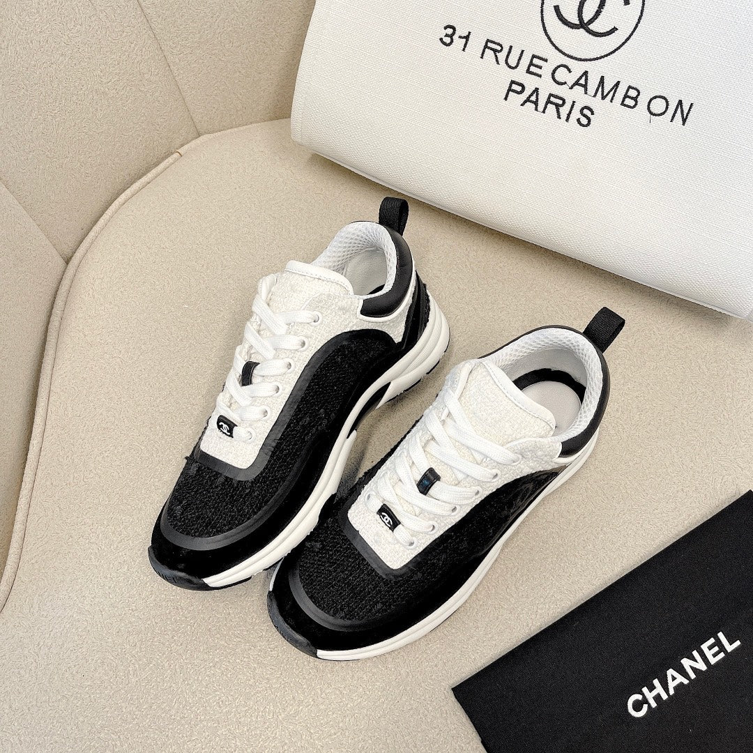 CC Low Top Sneakers Black & White Tweed Suede 527565
