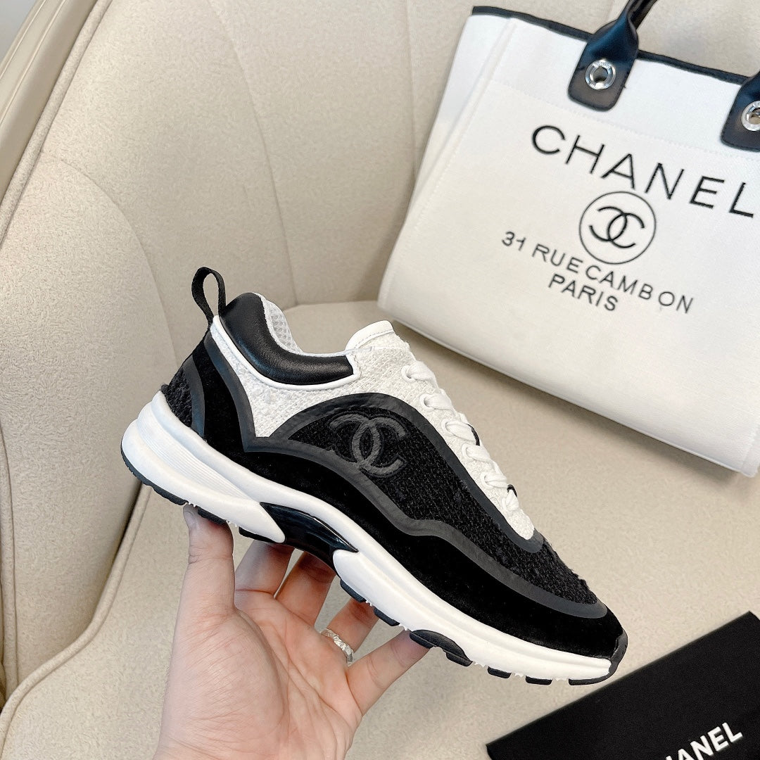 CC Low Top Sneakers Black & White Tweed Suede 527565