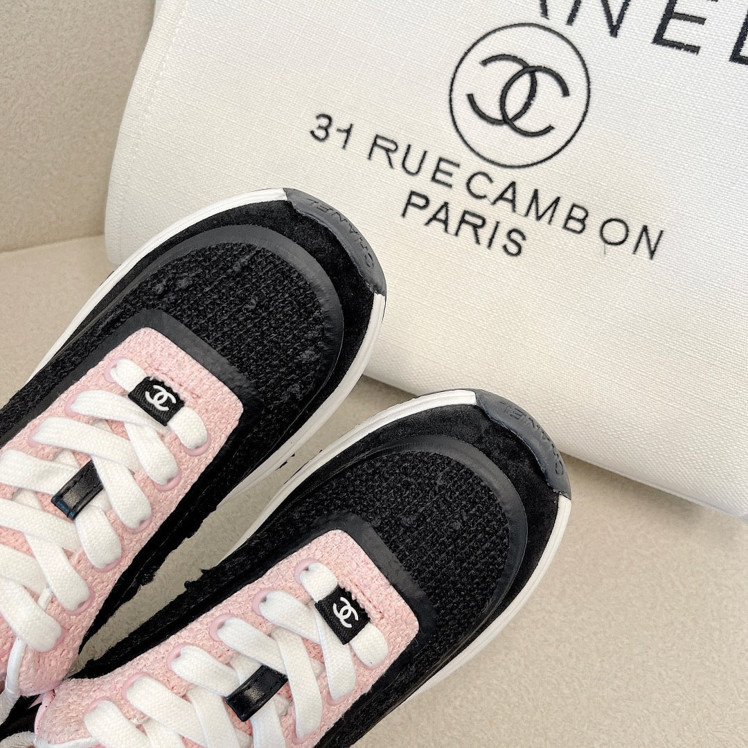 CC Low Top Sneakers Black & Pink Tweed Suede 527566